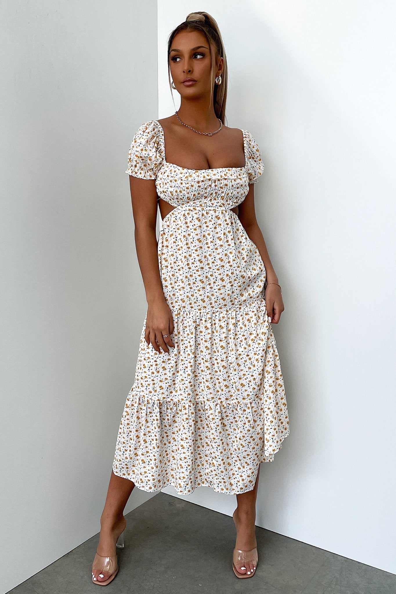 Noelle Midi Dress - Yellow Floral-Coutiqo