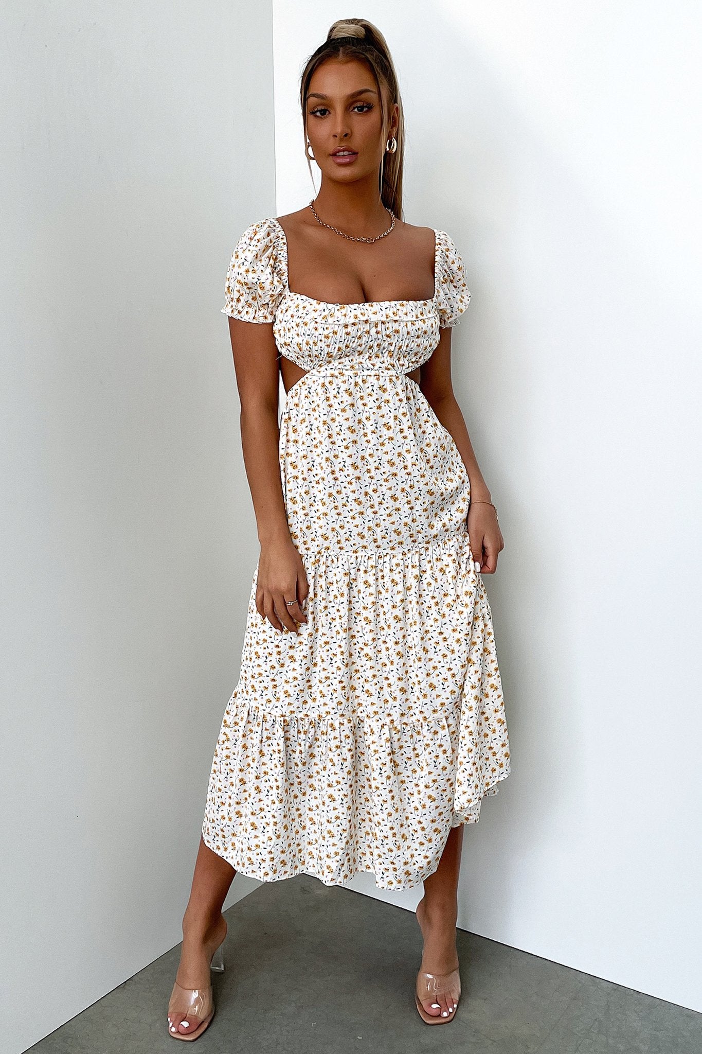 Noelle Midi Dress - Yellow Floral-Coutiqo