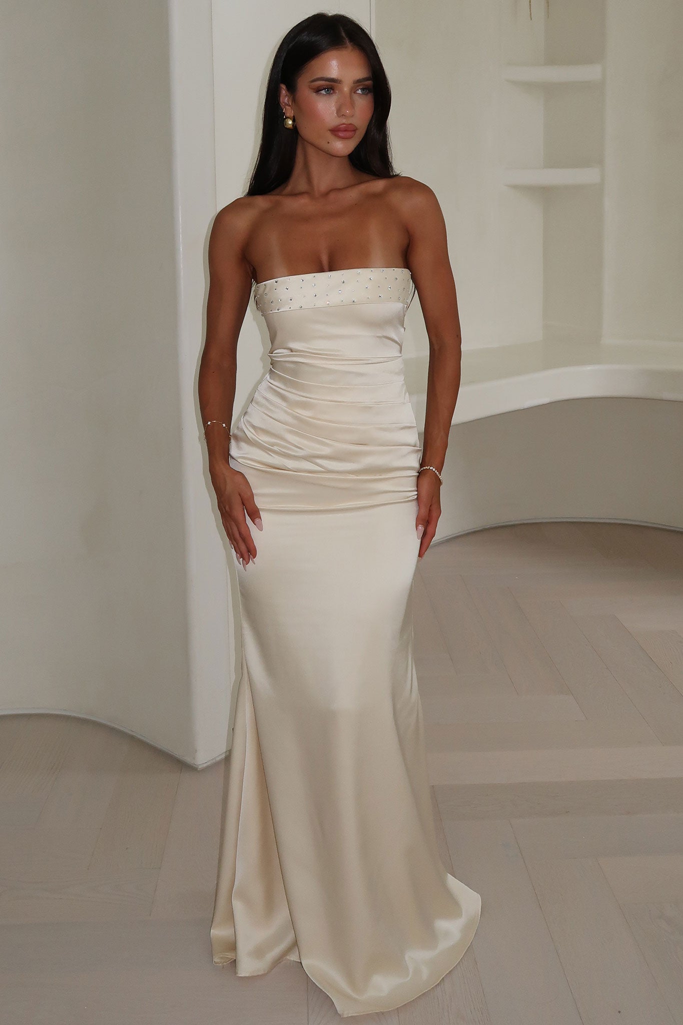 Ophelia Strapless Embellished Satin Maxi Dress - Champagne-Coutiqo