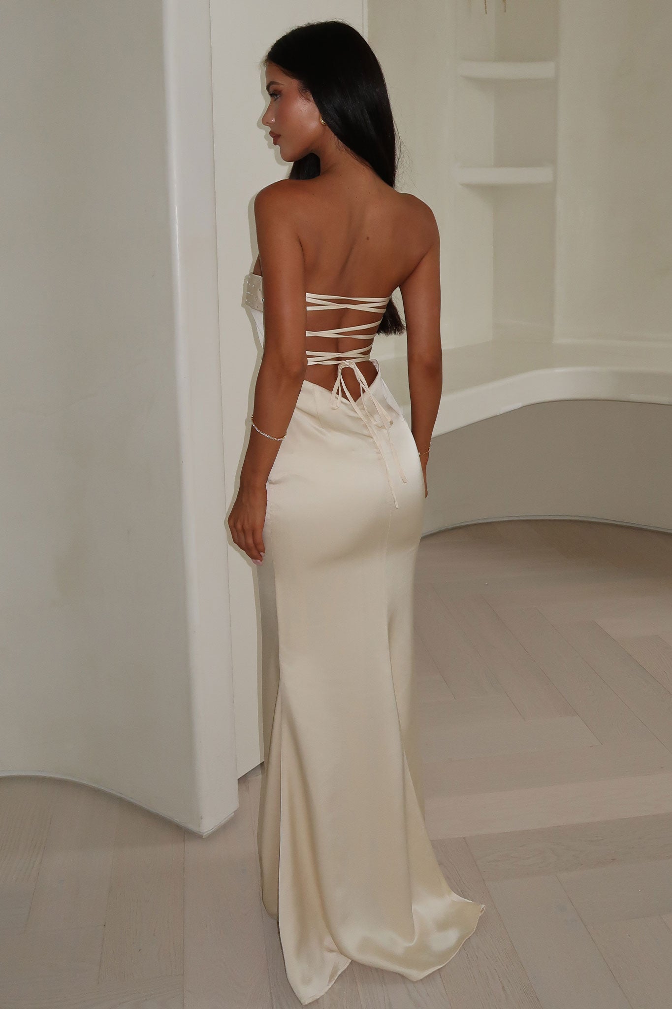 Ophelia Strapless Embellished Satin Maxi Dress - Champagne-Coutiqo