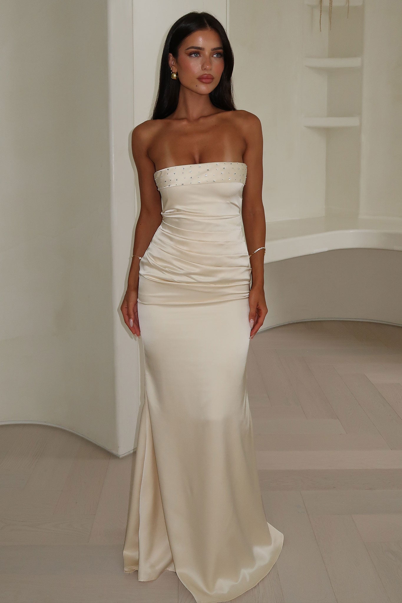 Ophelia Strapless Embellished Satin Maxi Dress - Champagne-Coutiqo