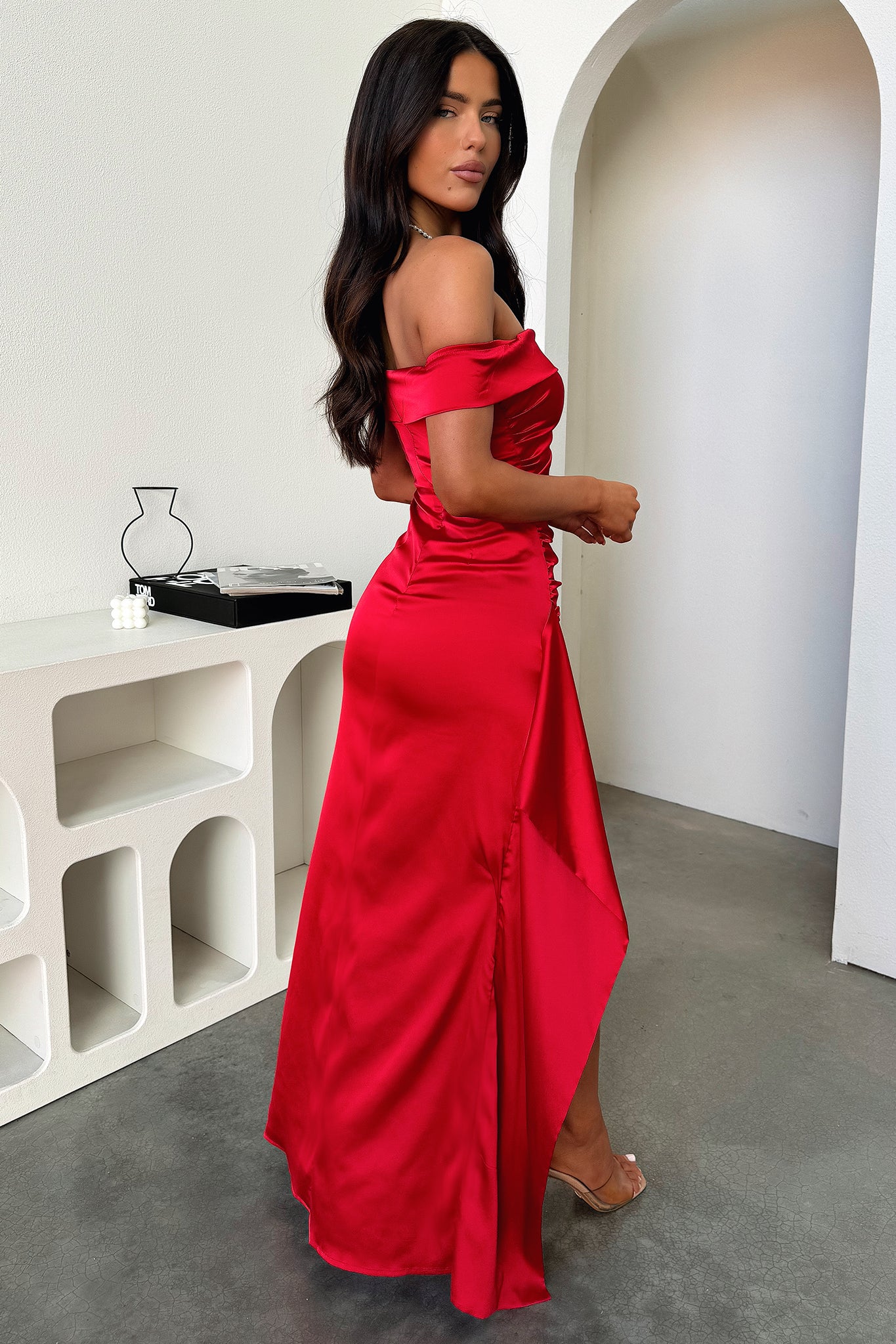 Saoirse Off Shoulder Satin Maxi Dress - Red-Coutiqo
