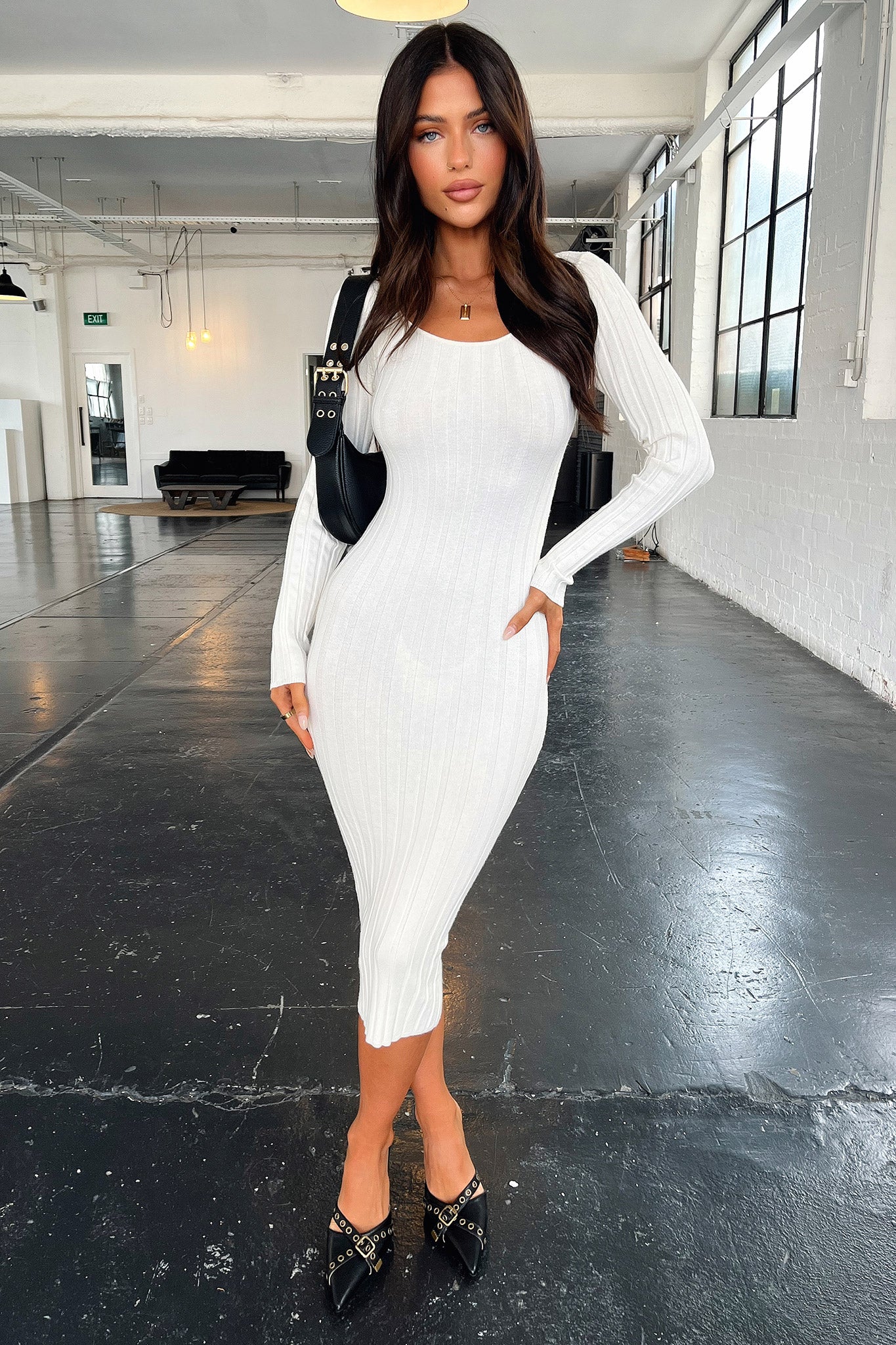 Reerdon Long Sleeve Midi Dress - Cream-Coutiqo