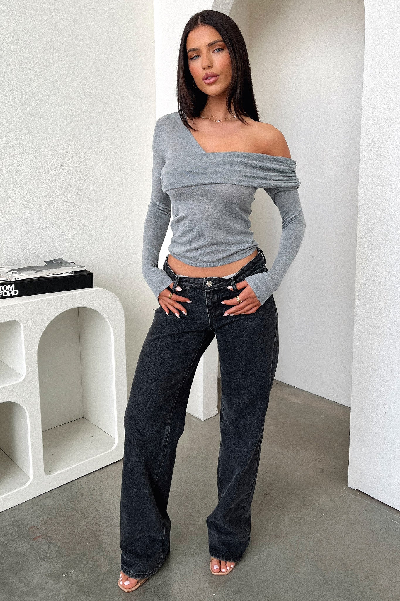Rochelle Off Shoulder Long Sleeve Top - Grey-Coutiqo
