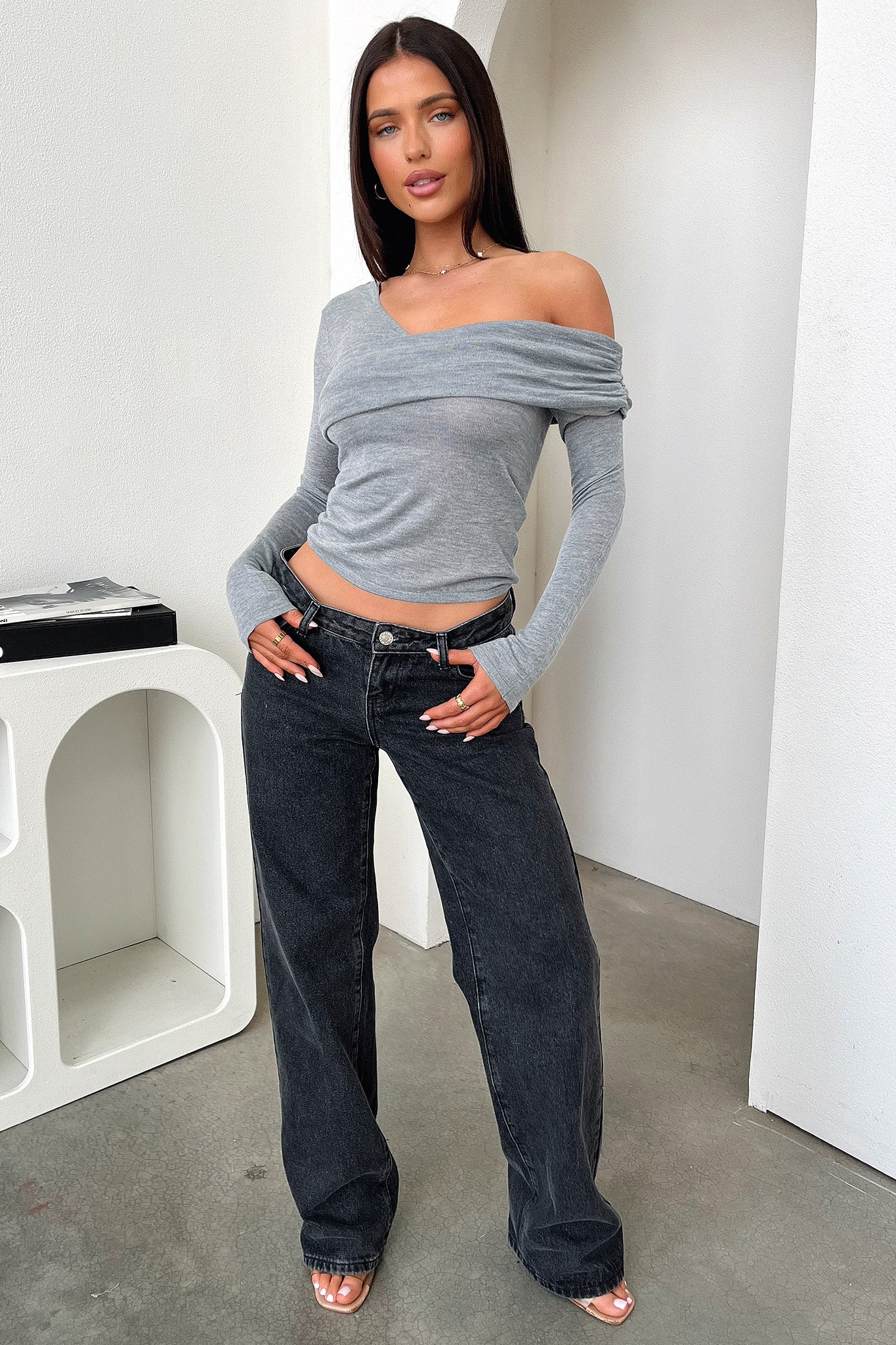 Rochelle Off Shoulder Long Sleeve Top - Grey-Coutiqo