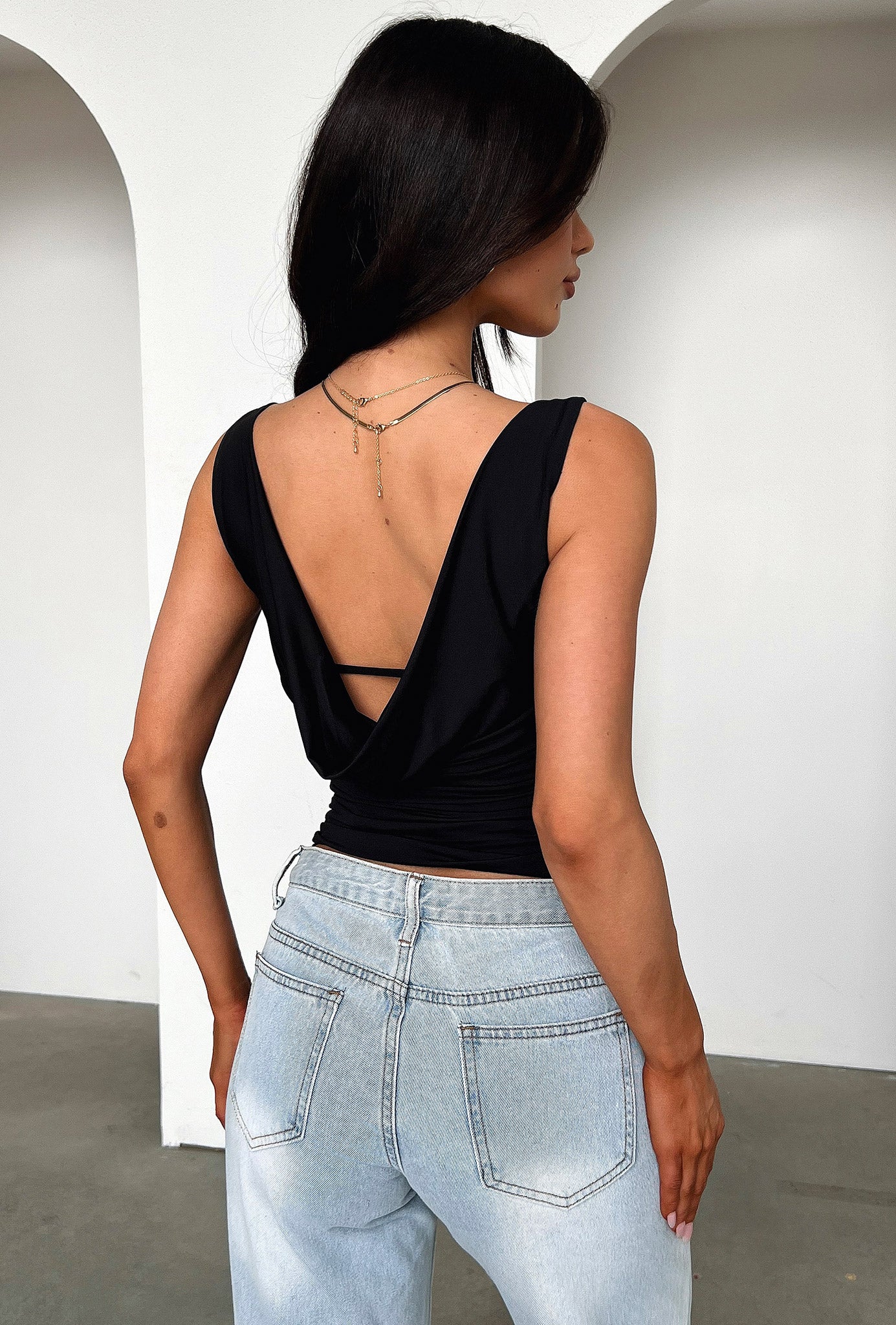 Russo Backless Cowl Neck Top - Black-Coutiqo