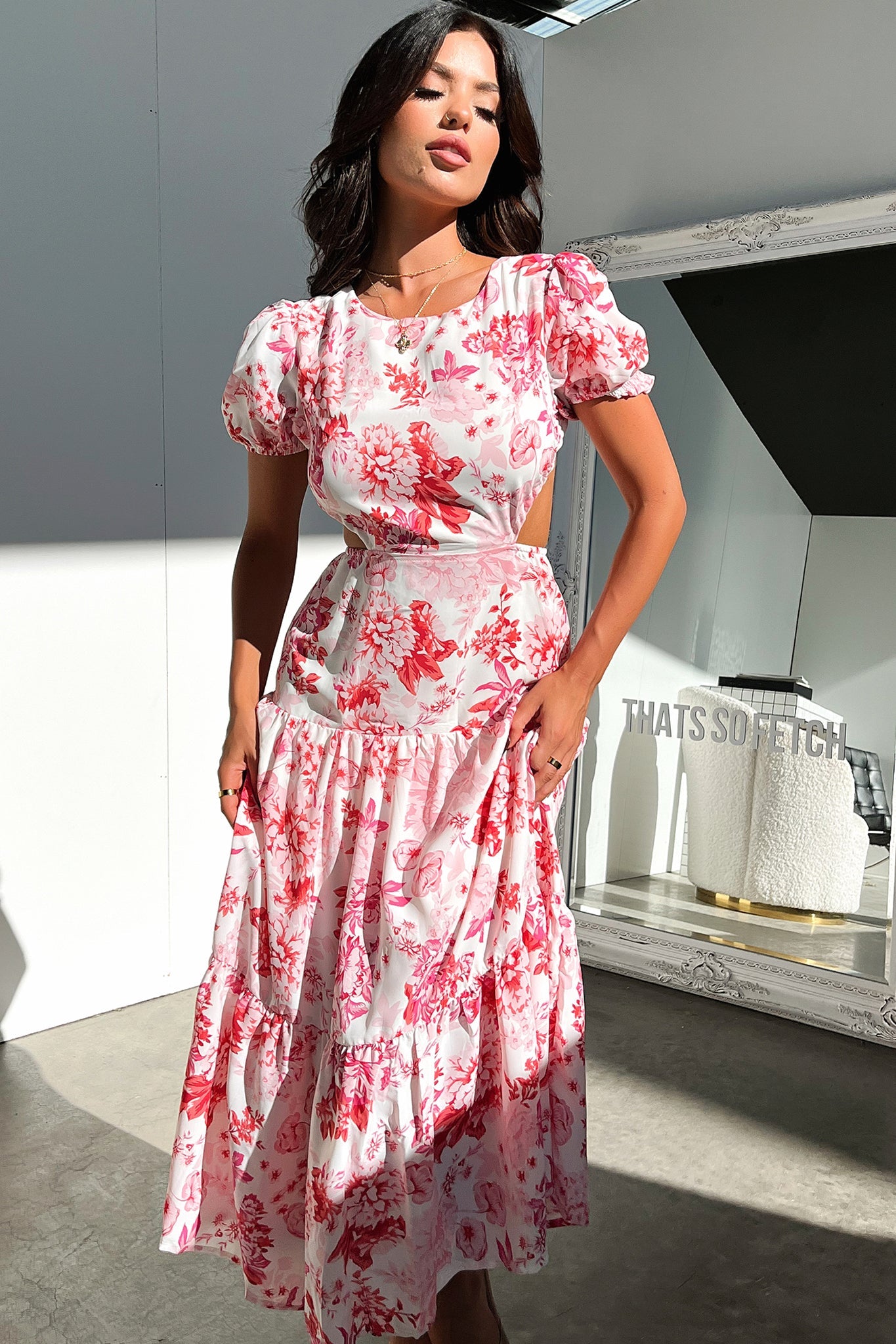 Sakia Midi Dress - Pink Floral-Coutiqo