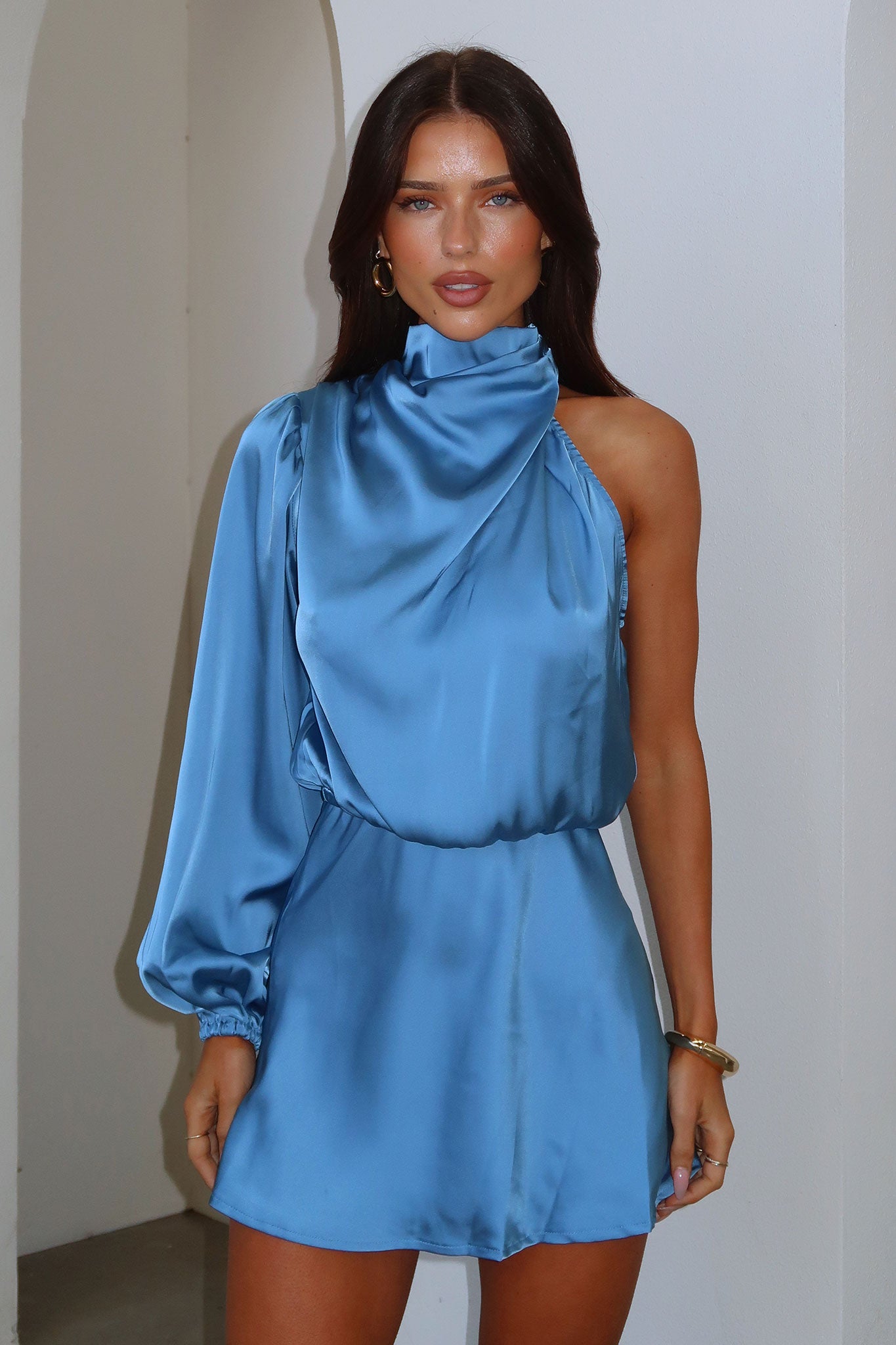Santorini One Shoulder Dress - Blue-Coutiqo