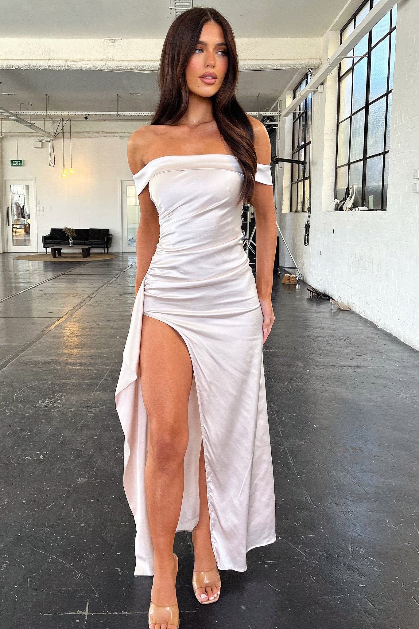 Saoirse Off Shoulder Satin Maxi Dress - Champagne-Coutiqo