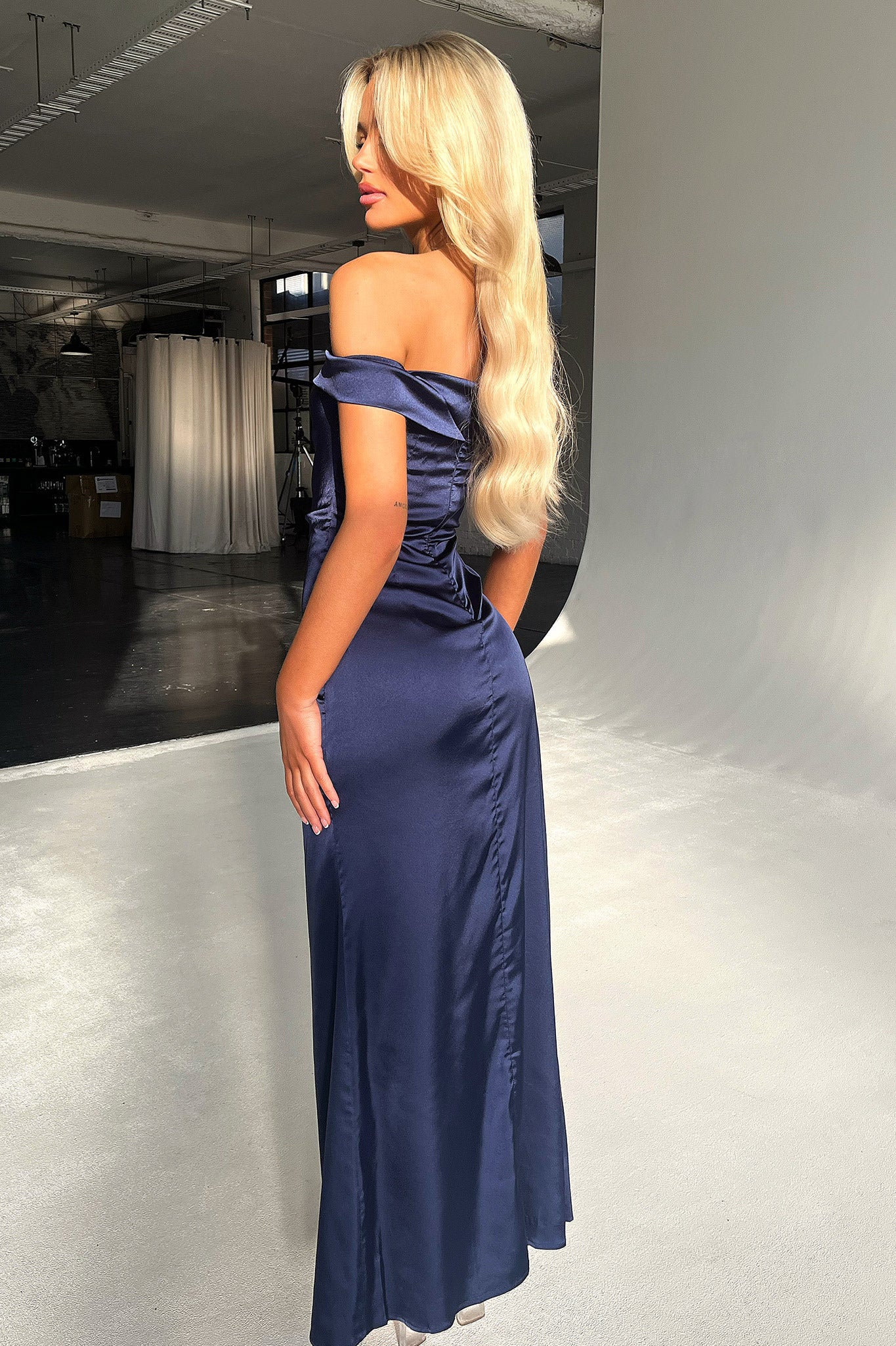 Saoirse Off Shoulder Satin Maxi Dress - Navy-Coutiqo