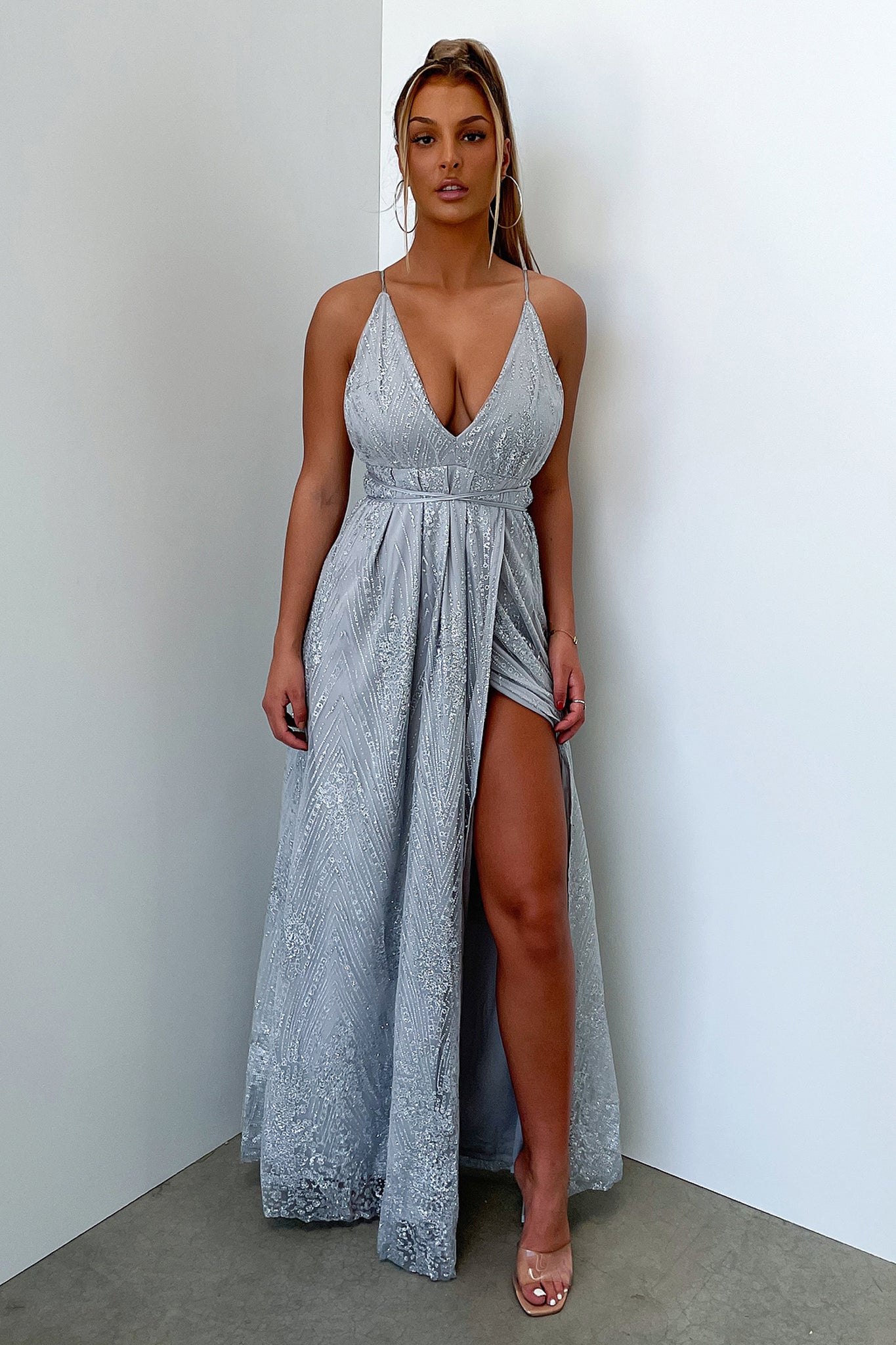 Scarlett Halter Maxi Dress - Silver Glitter-Coutiqo