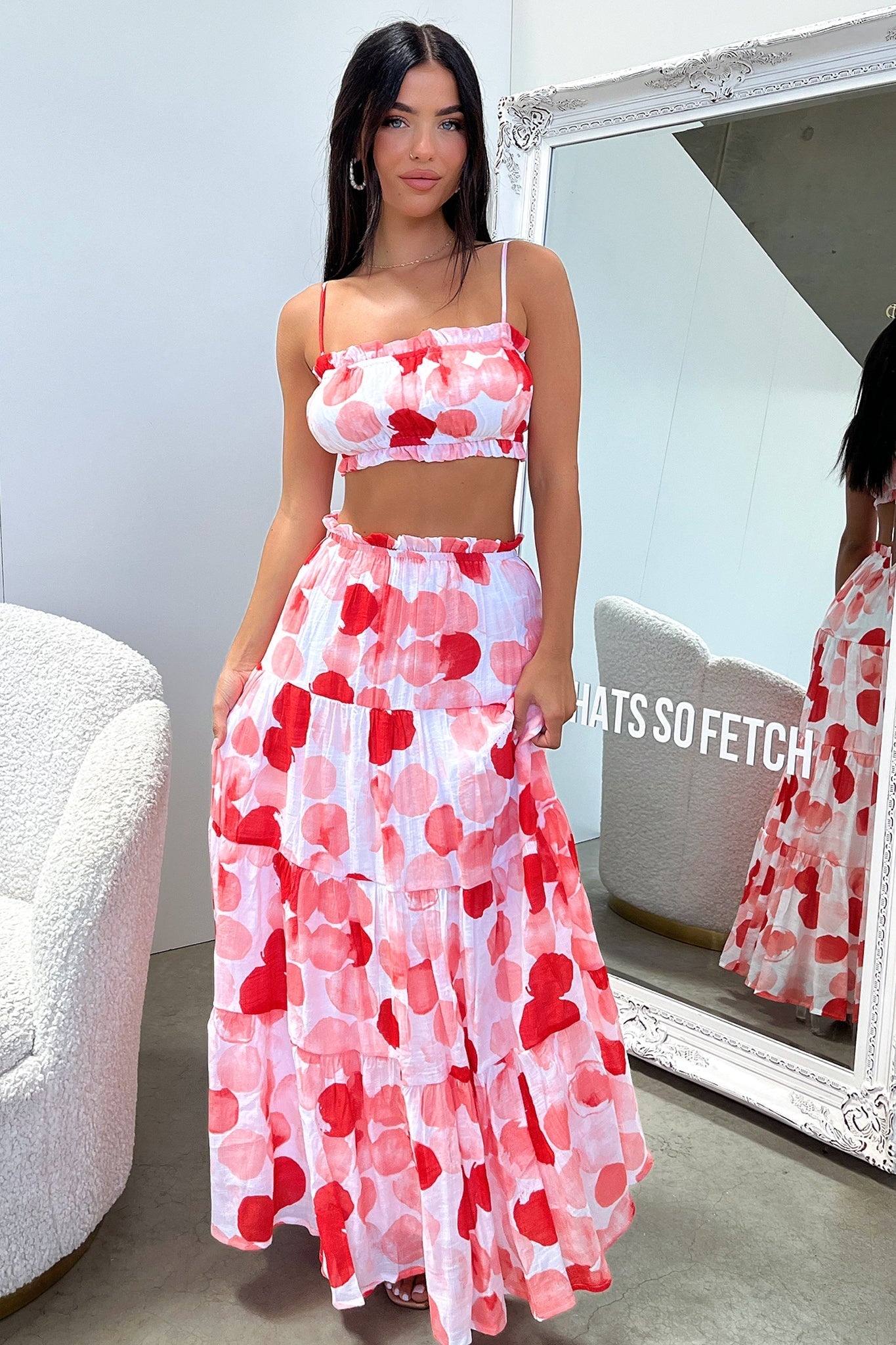 Selina Crop - Red / White Print-Coutiqo
