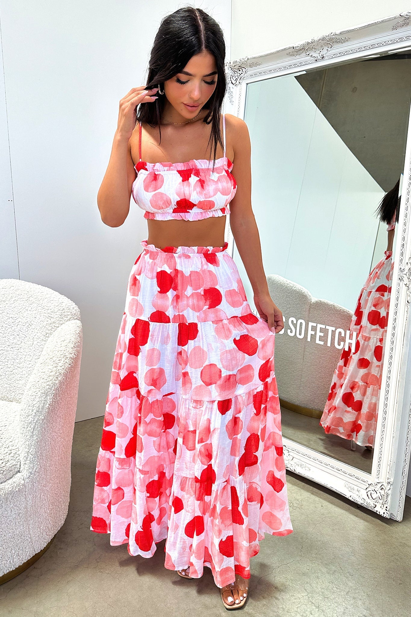 Selina Crop - Red / White Print-Coutiqo