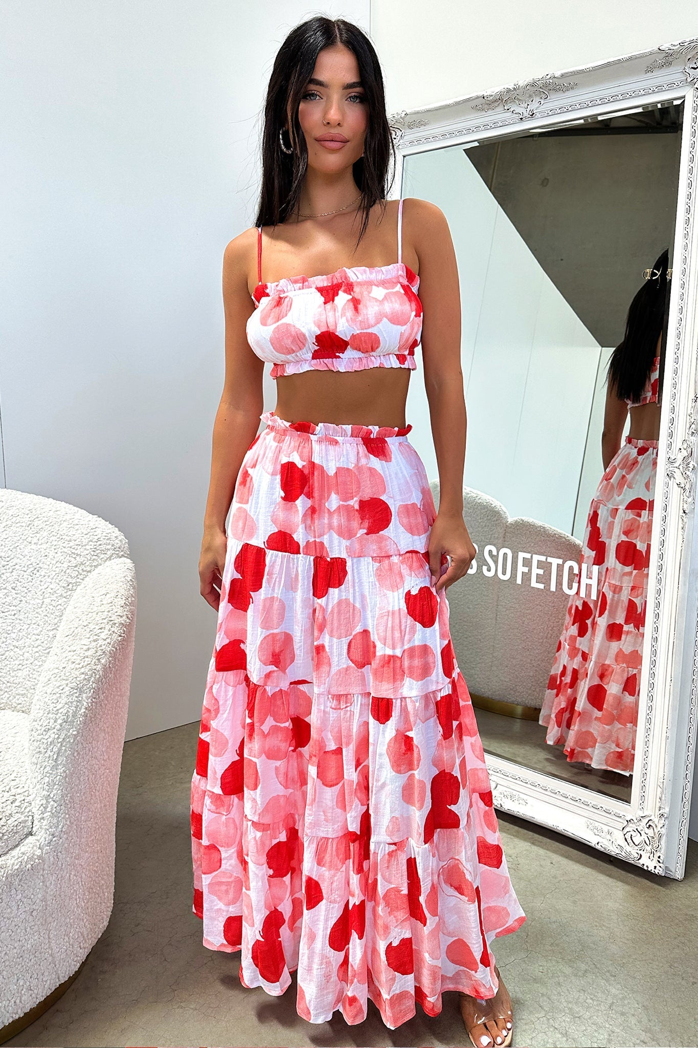 Selina Crop - Red / White Print-Coutiqo