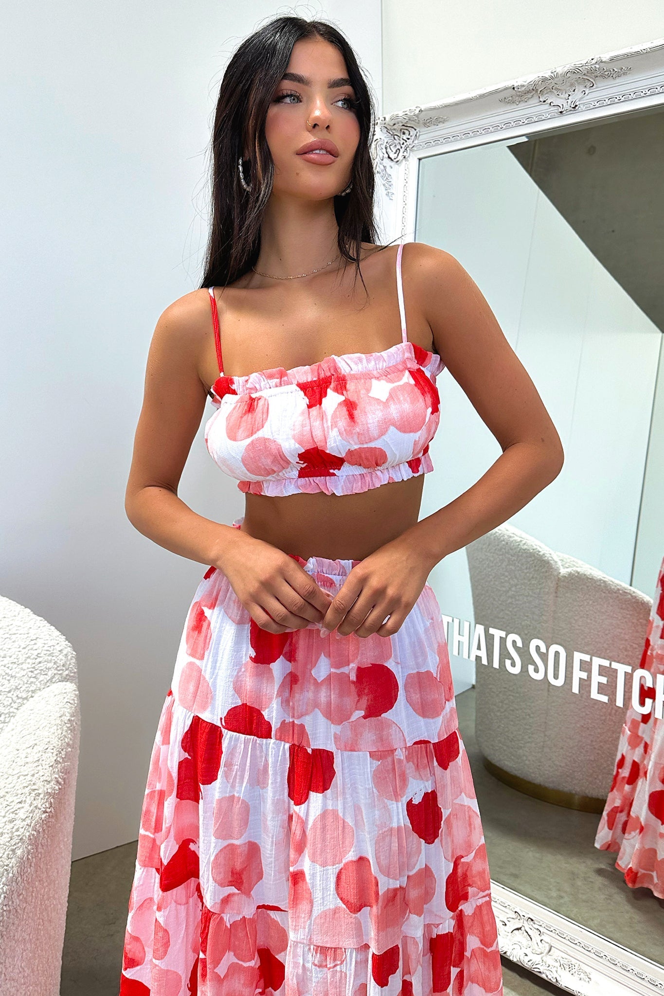 Selina Crop - Red / White Print-Coutiqo