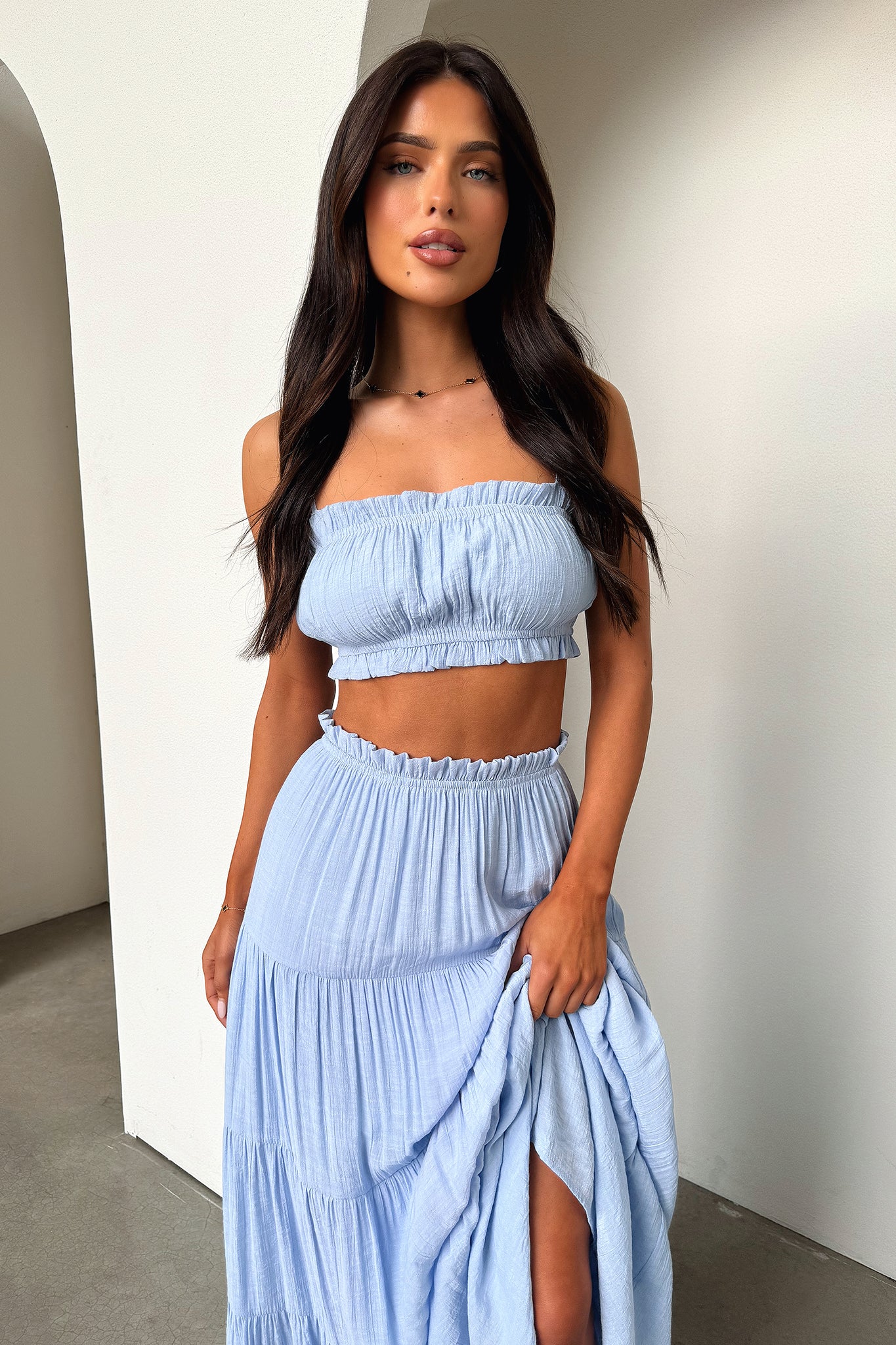 Selina Tiered Maxi Skirt - Blue-Coutiqo