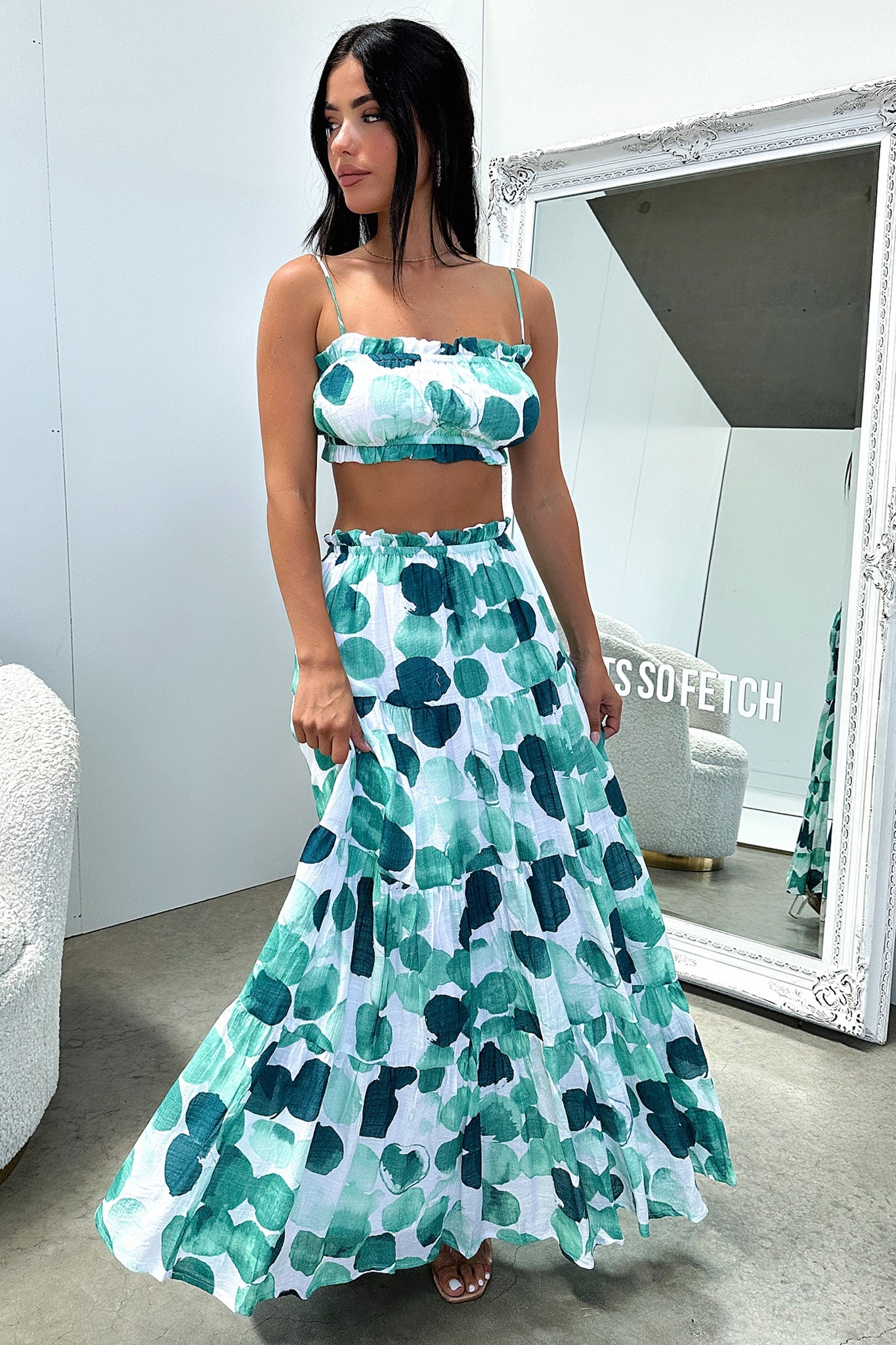 Selina Crop - Green / White Print-Coutiqo