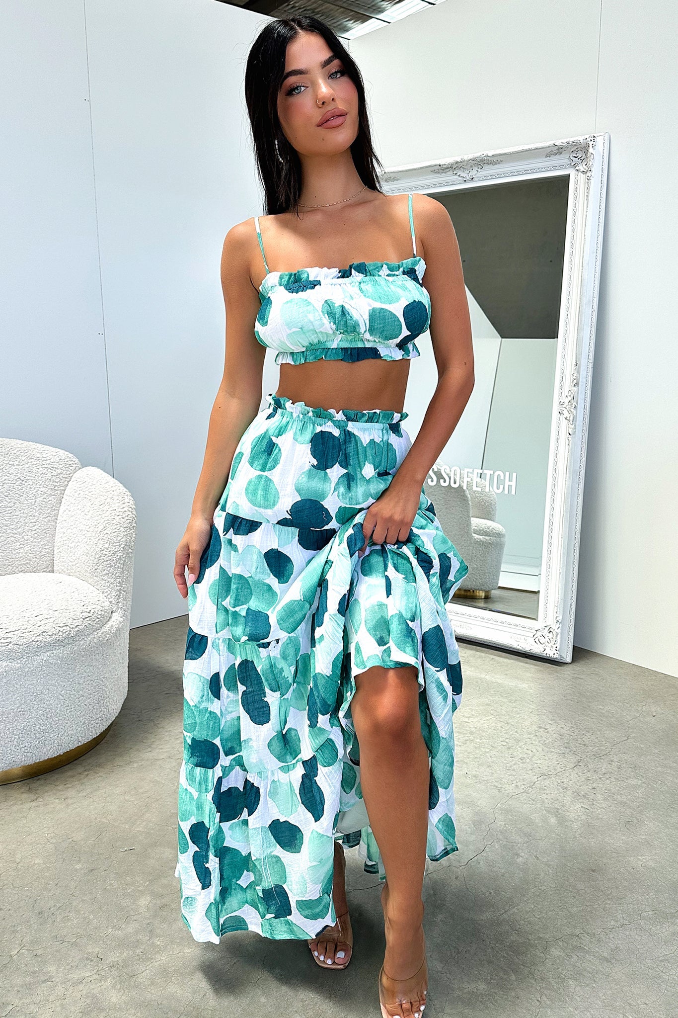 Selina Crop - Green / White Print-Coutiqo