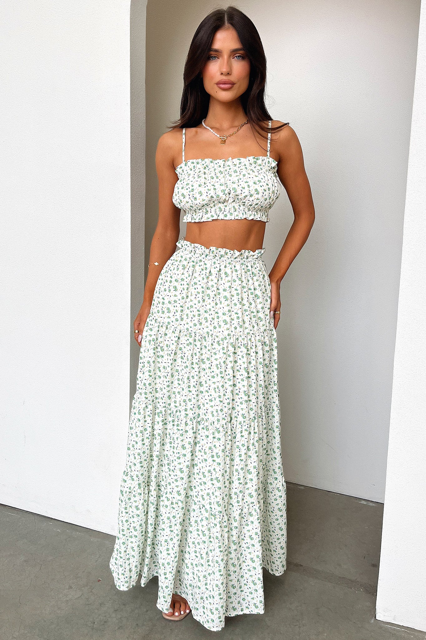 Selina Tiered Maxi Skirt - Green Floral-Coutiqo