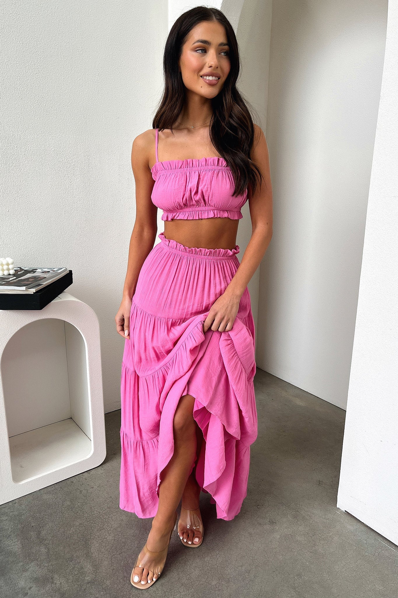Selina Tiered Maxi Skirt - Pink-Coutiqo