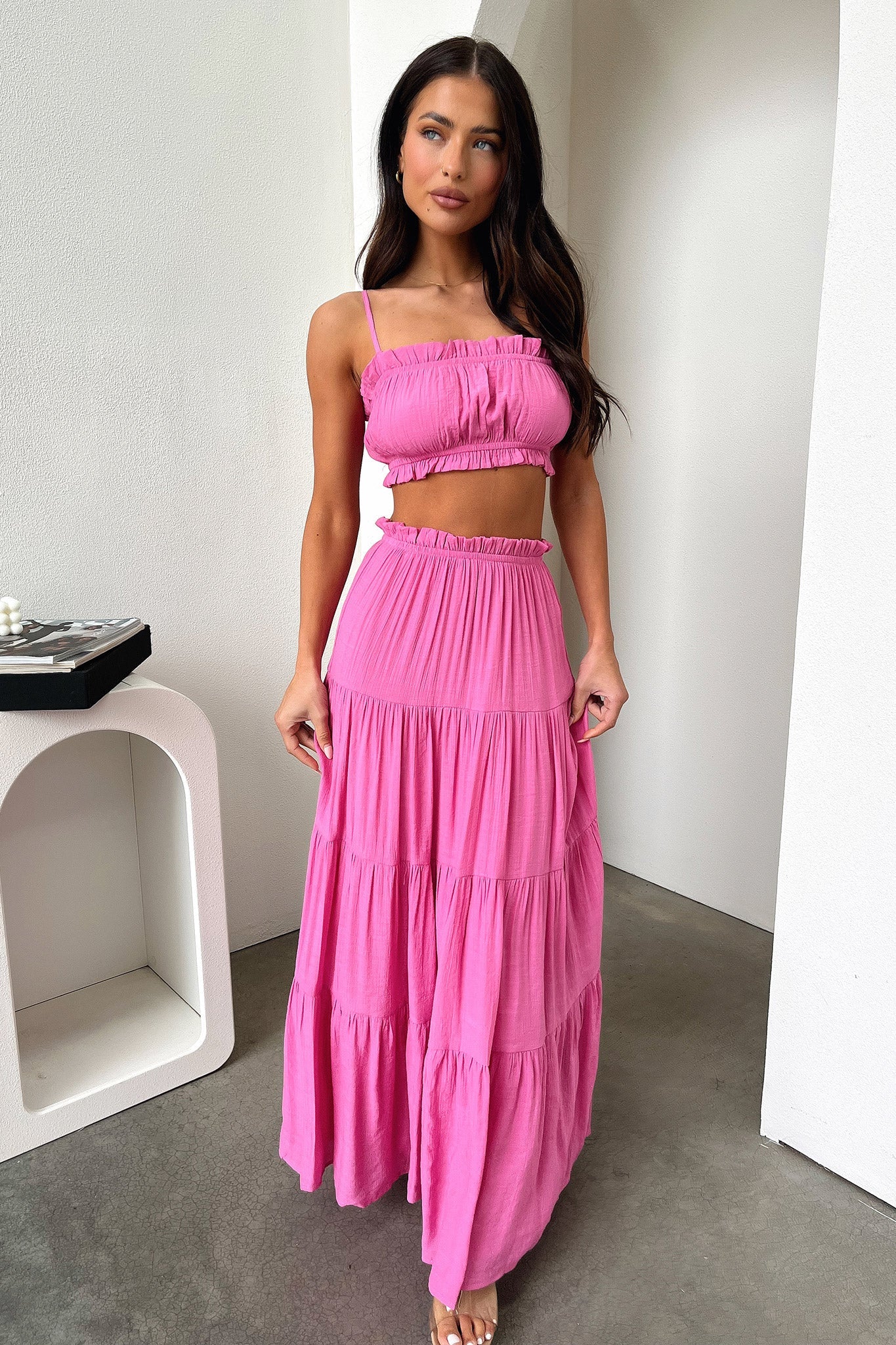 Selina Tiered Maxi Skirt - Pink-Coutiqo