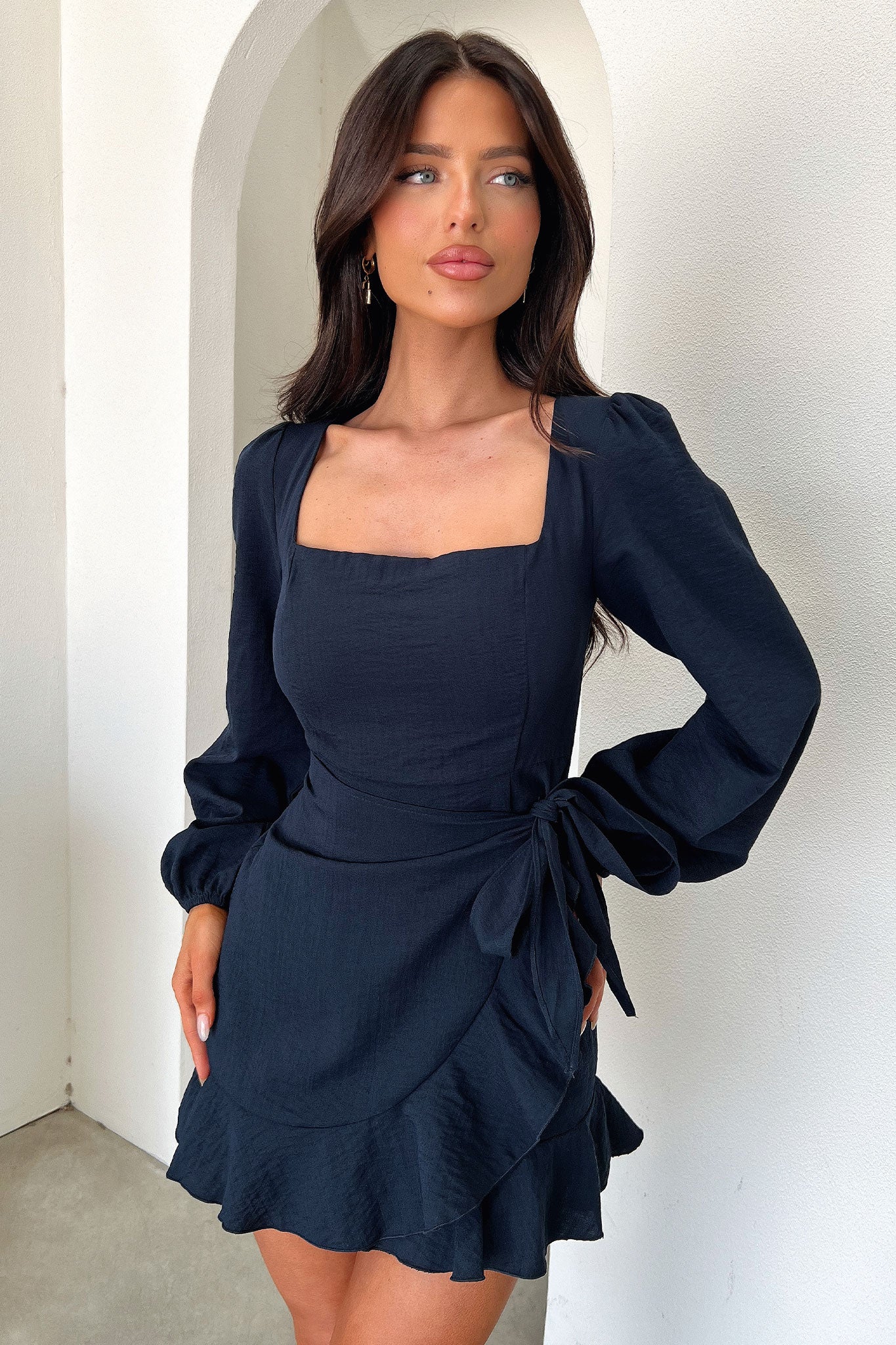 Silvana Long Sleeve Wrap Mini Dress - Navy-Coutiqo