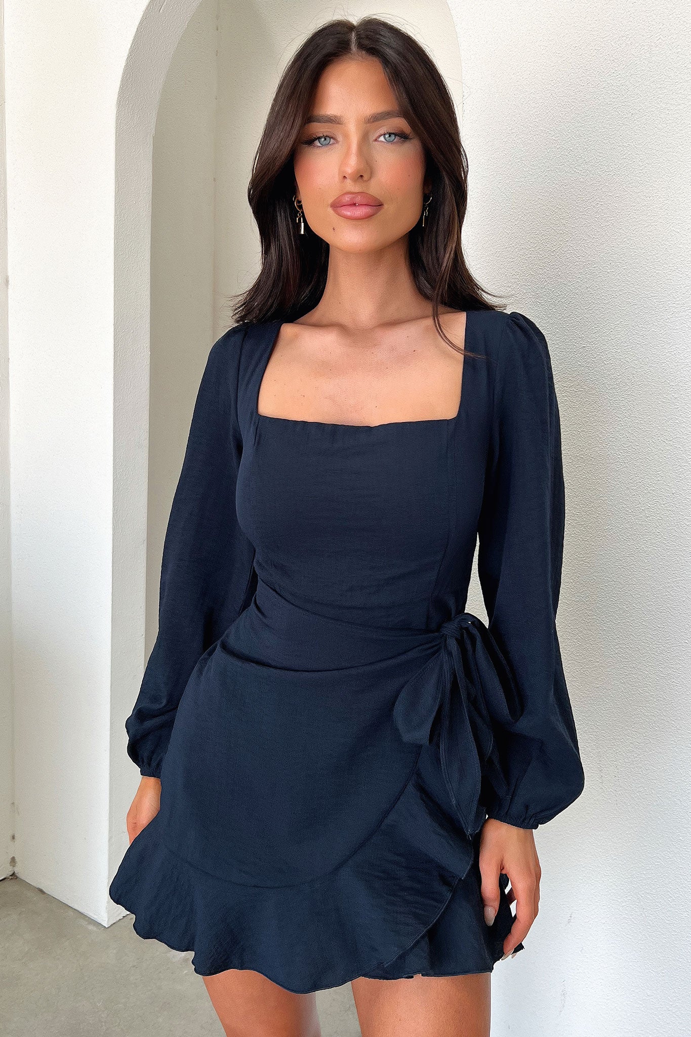 Silvana Long Sleeve Wrap Mini Dress - Navy-Coutiqo