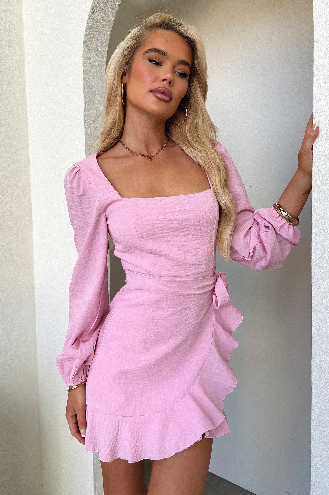Silvana Long Sleeve Wrap Mini Dress - Pink-Coutiqo