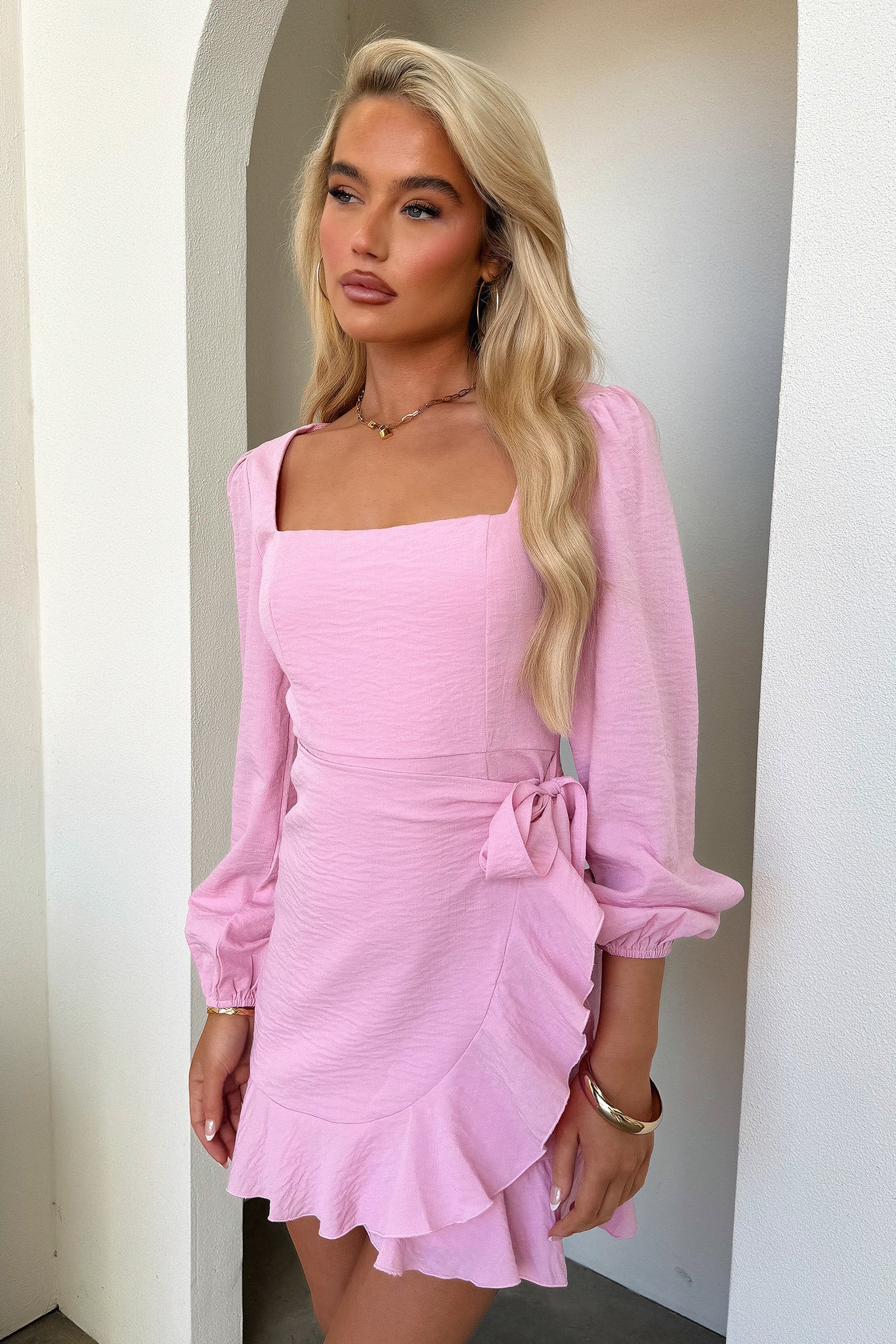 Silvana Long Sleeve Wrap Mini Dress - Pink-Coutiqo