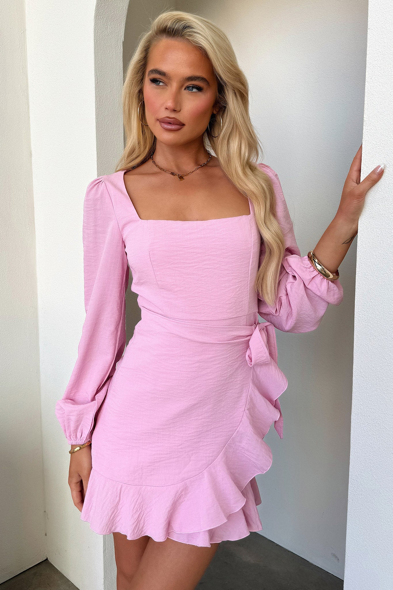 Silvana Long Sleeve Wrap Mini Dress - Pink-Coutiqo