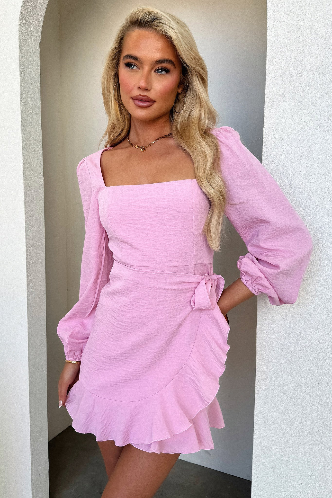 Silvana Long Sleeve Wrap Mini Dress - Pink-Coutiqo
