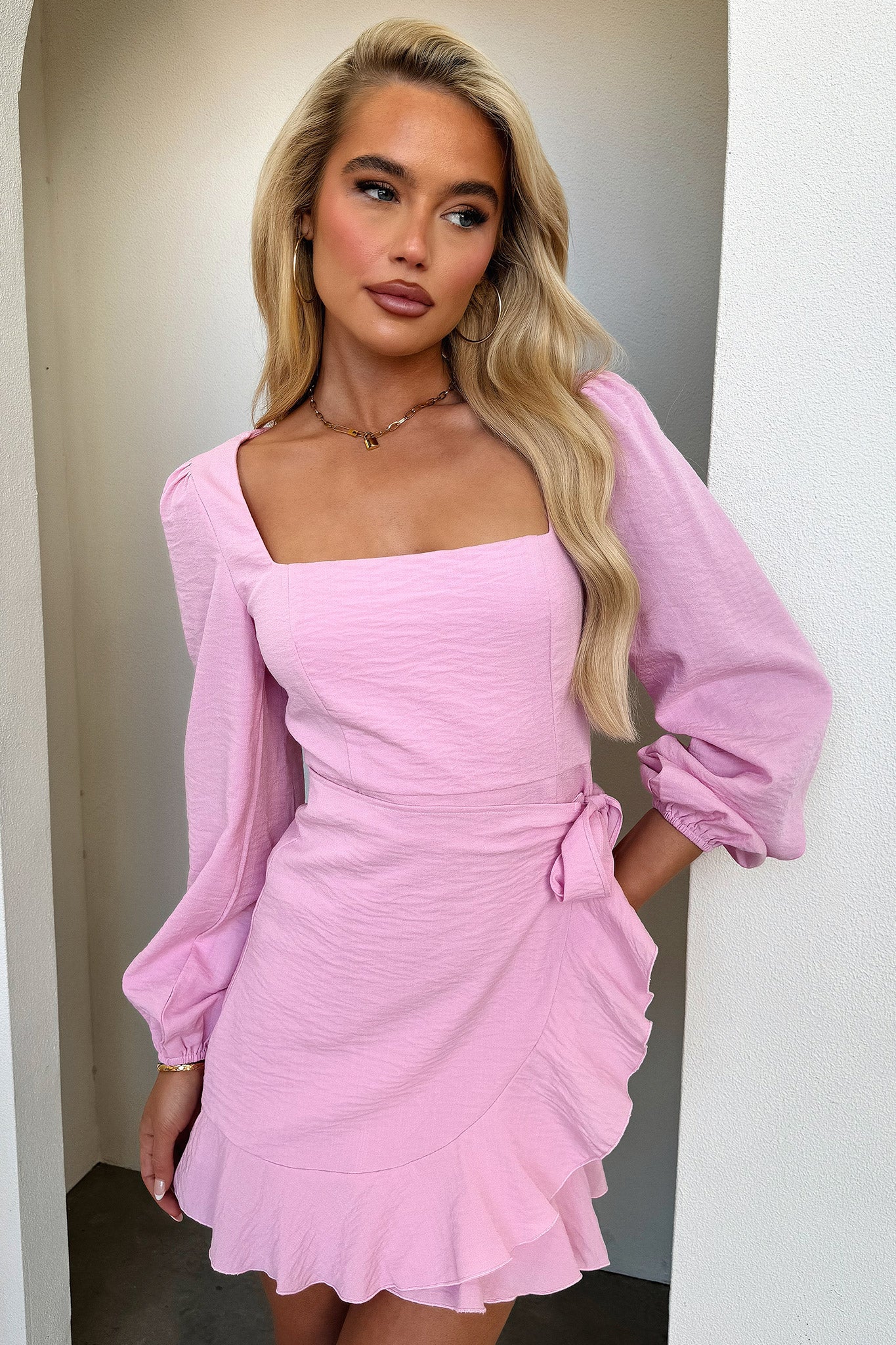 Silvana Long Sleeve Wrap Mini Dress - Pink-Coutiqo