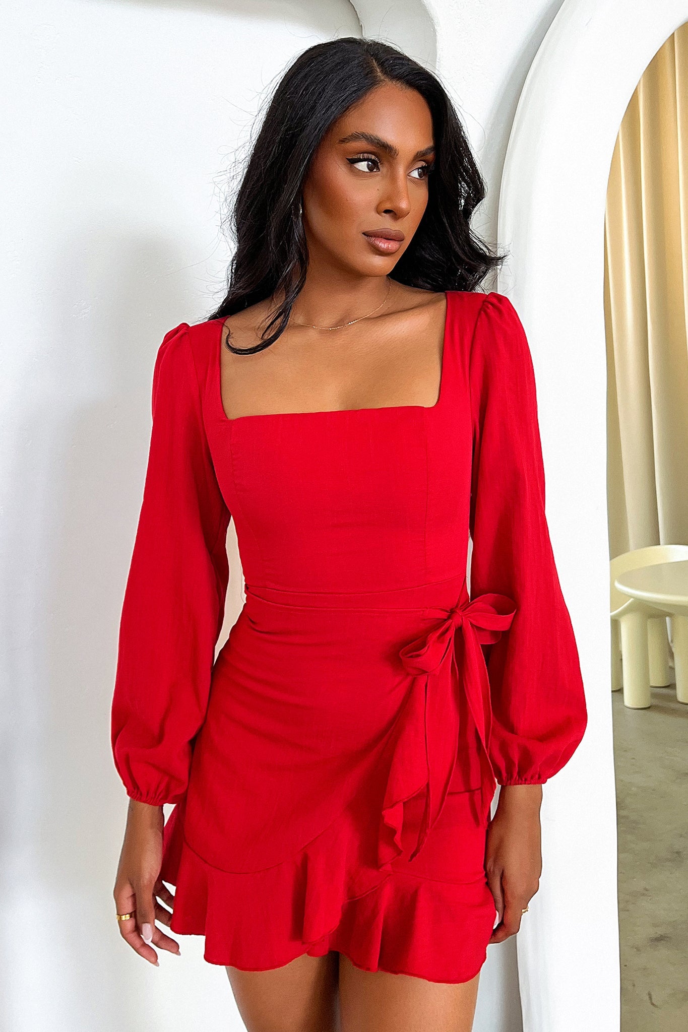 Silvana Long Sleeve Wrap Mini Dress - Red-Coutiqo