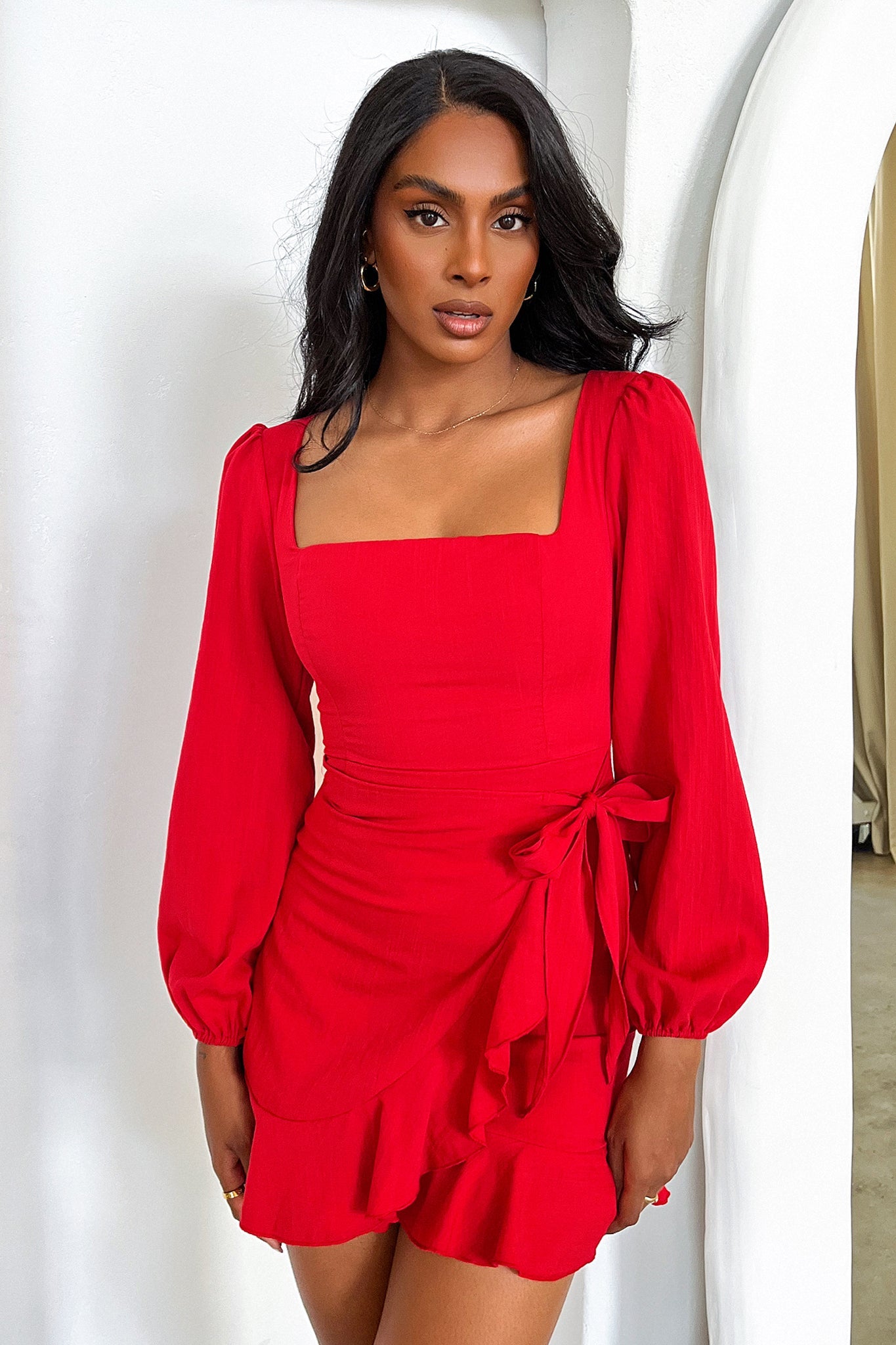 Silvana Long Sleeve Wrap Mini Dress - Red-Coutiqo