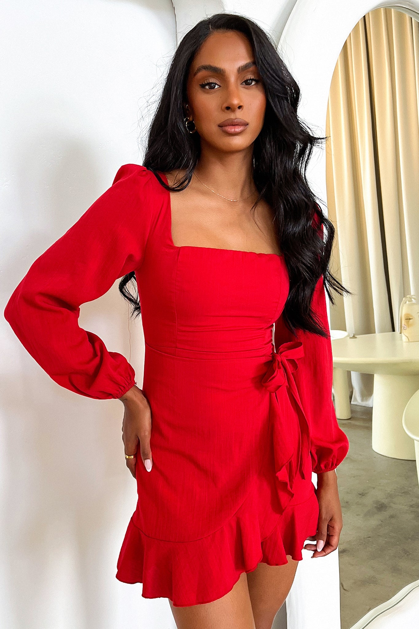 Silvana Long Sleeve Wrap Mini Dress - Red-Coutiqo