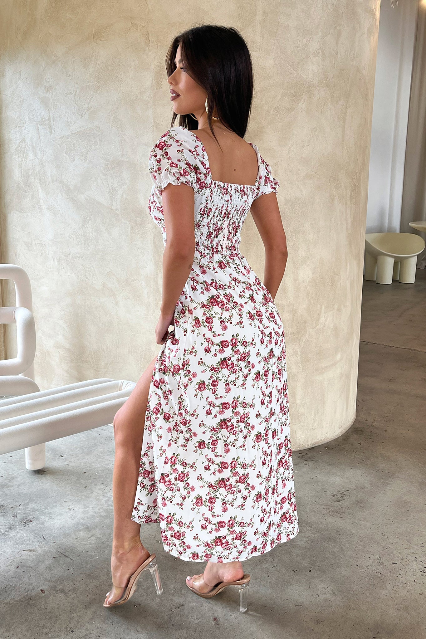 Solem Midi Dress - White / Rose Floral-Coutiqo