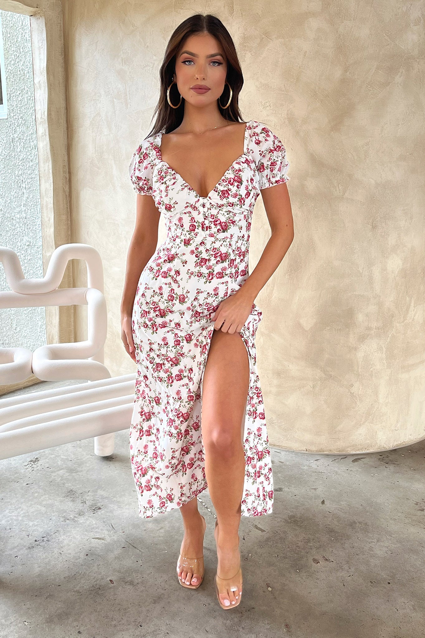 Solem Midi Dress - White / Rose Floral-Coutiqo