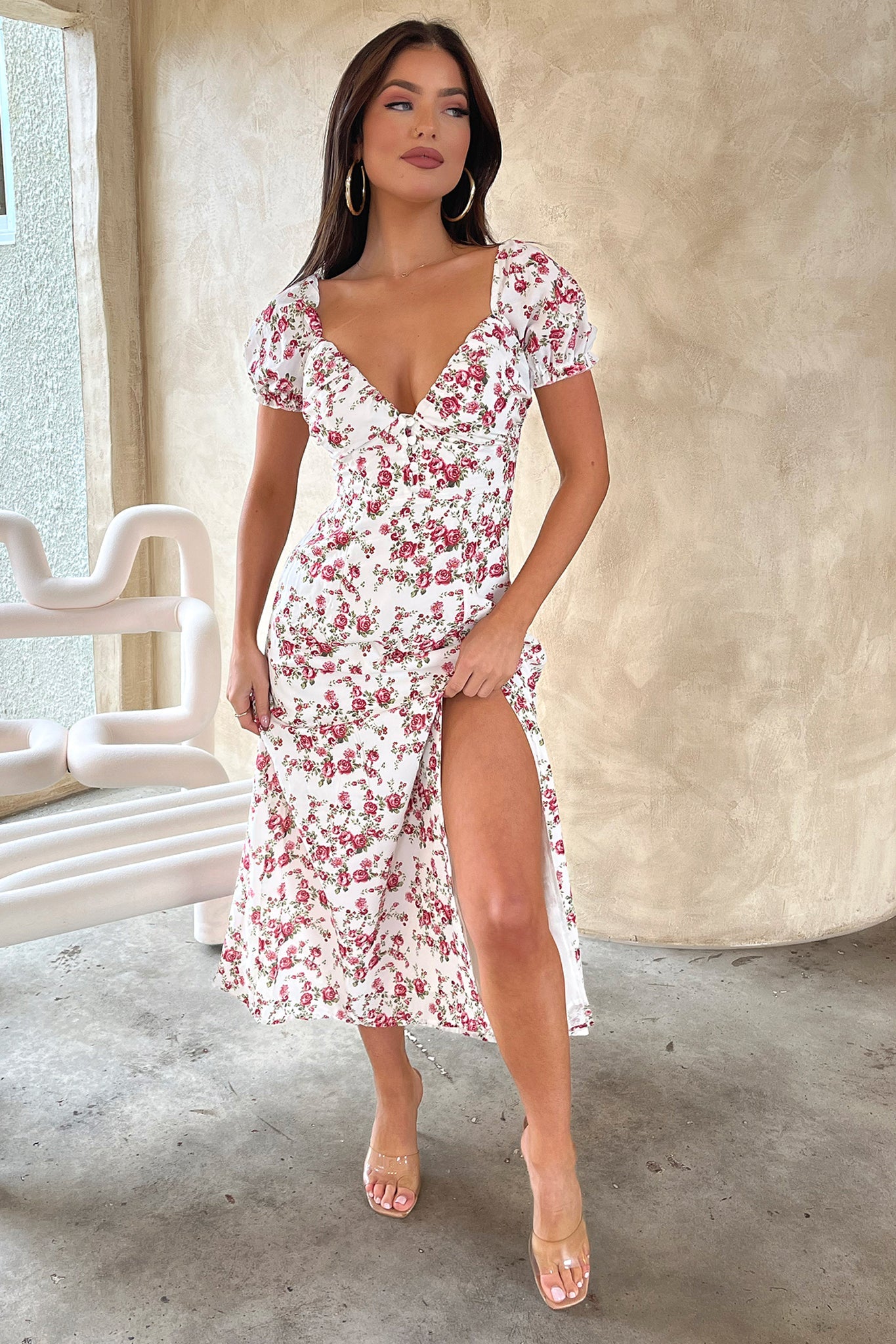 Solem Midi Dress - White / Rose Floral-Coutiqo