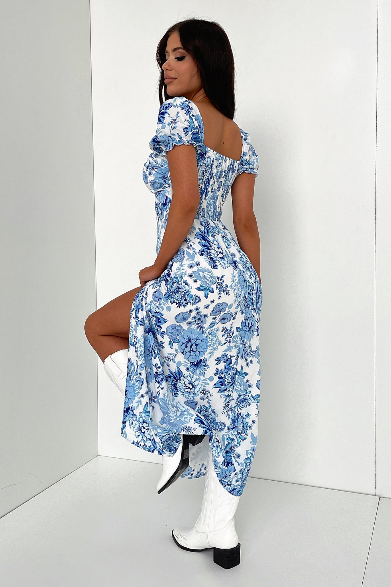 Solem Midi Dress - Blue Floral-Coutiqo