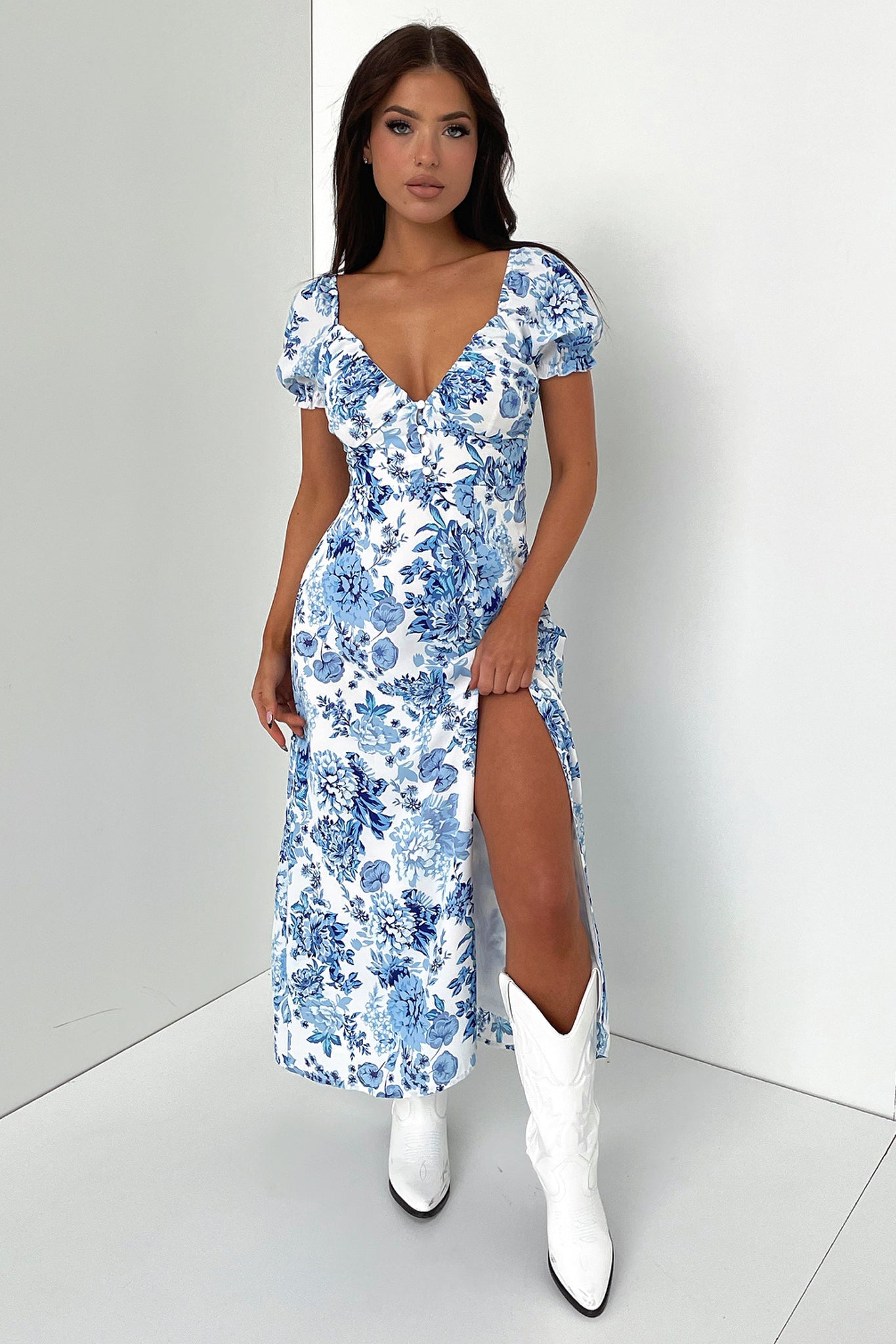 Solem Midi Dress - Blue Floral-Coutiqo