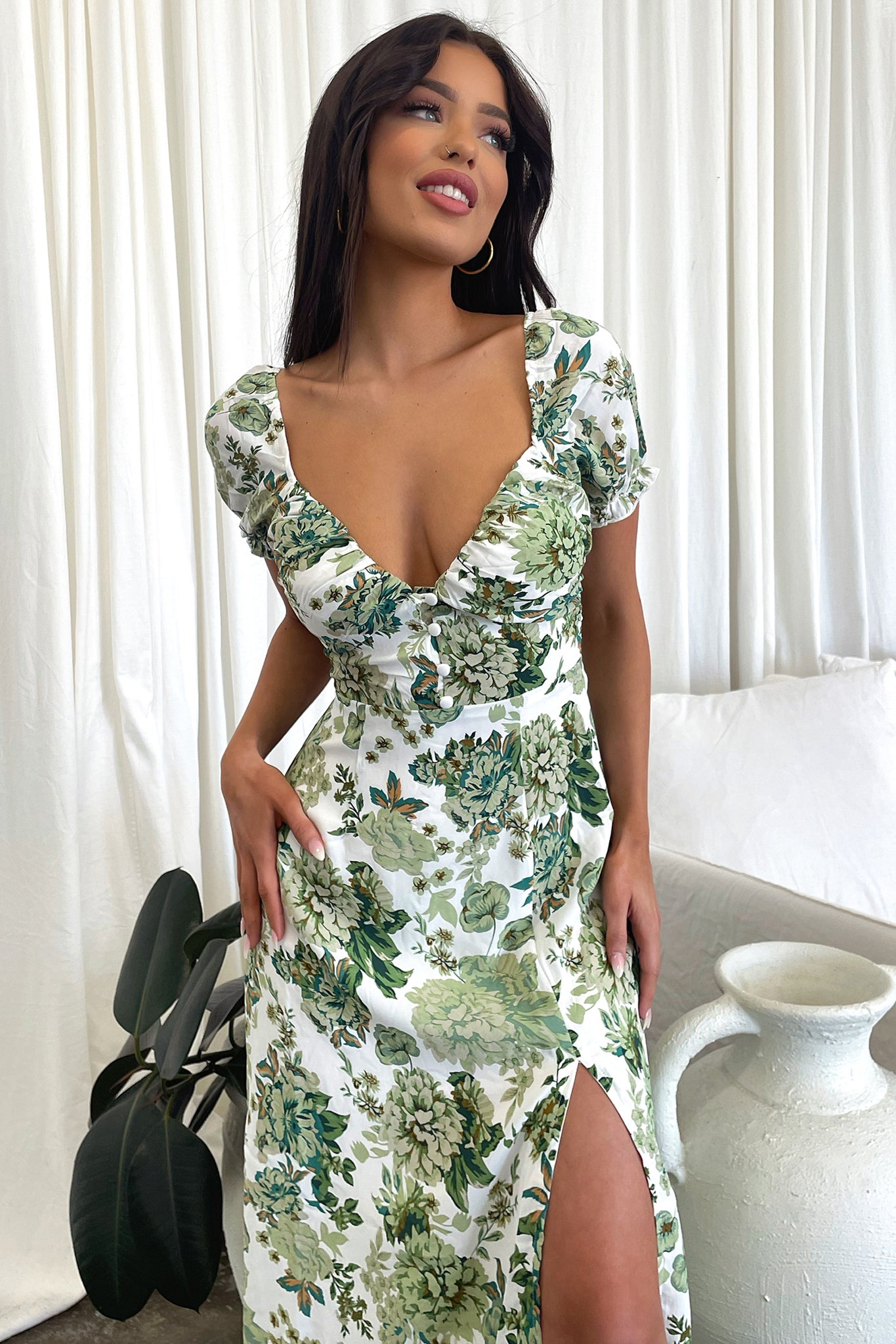 Solem Midi Dress - Green Floral-Coutiqo