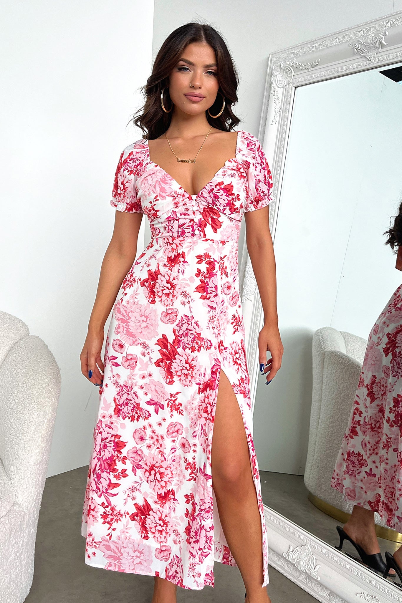 Solem Midi Dress - Pink / Red Floral-Coutiqo