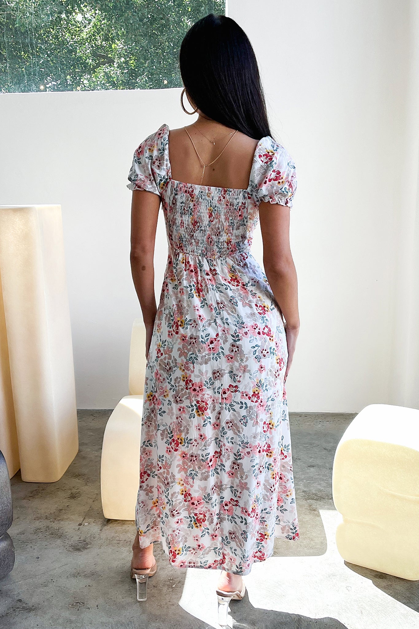 Solem Midi Dress - White / Pink Floral-Coutiqo