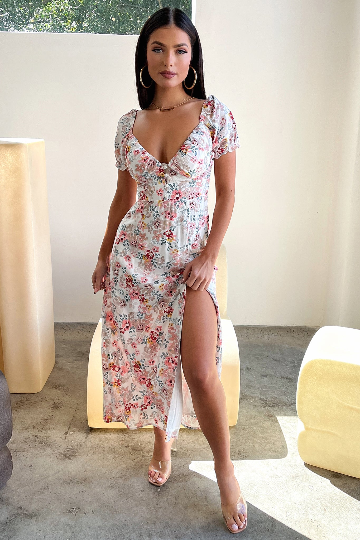 Solem Midi Dress - White / Pink Floral-Coutiqo