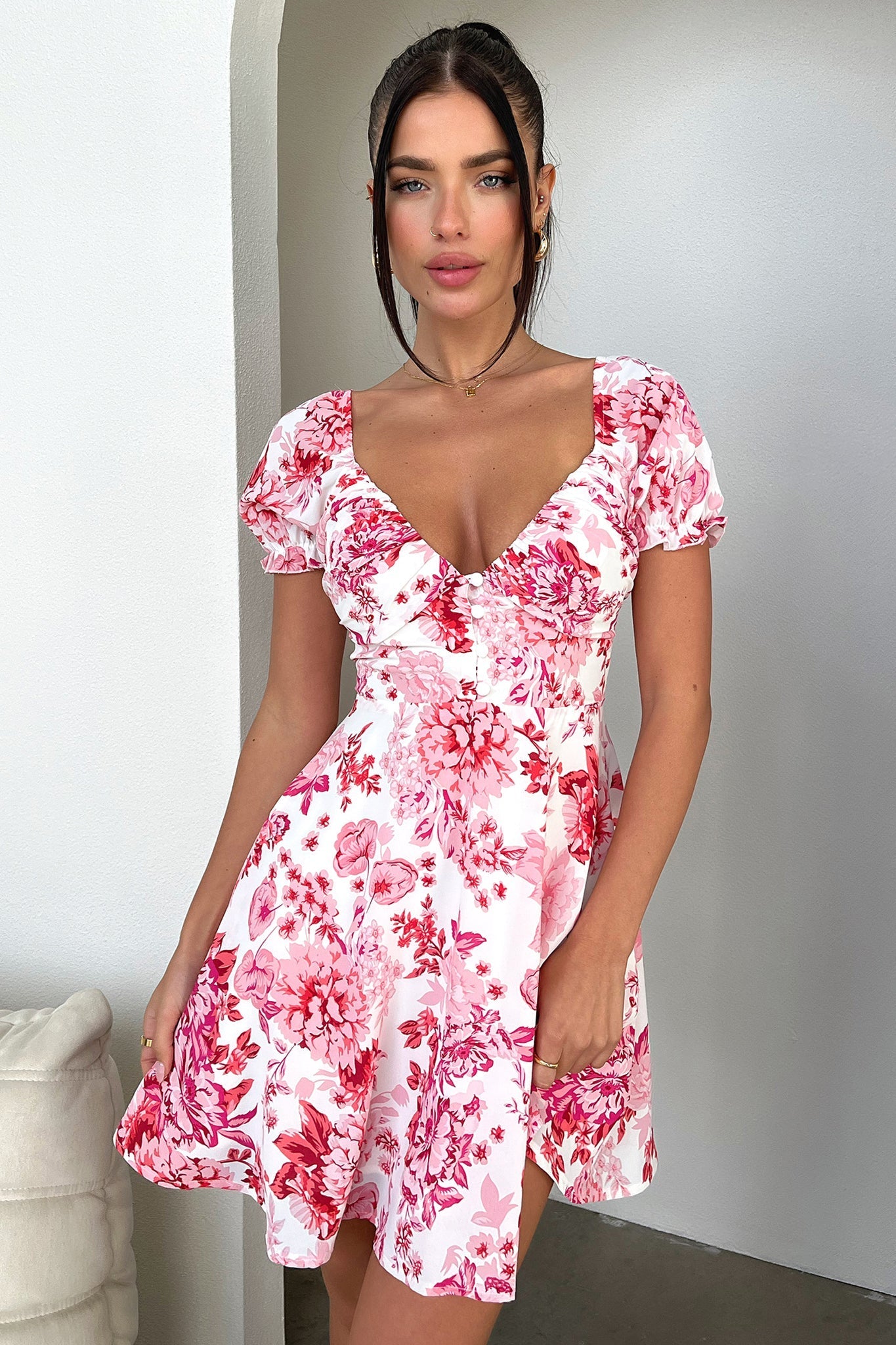 Solem Mini Dress - Pink/Red Floral-Coutiqo