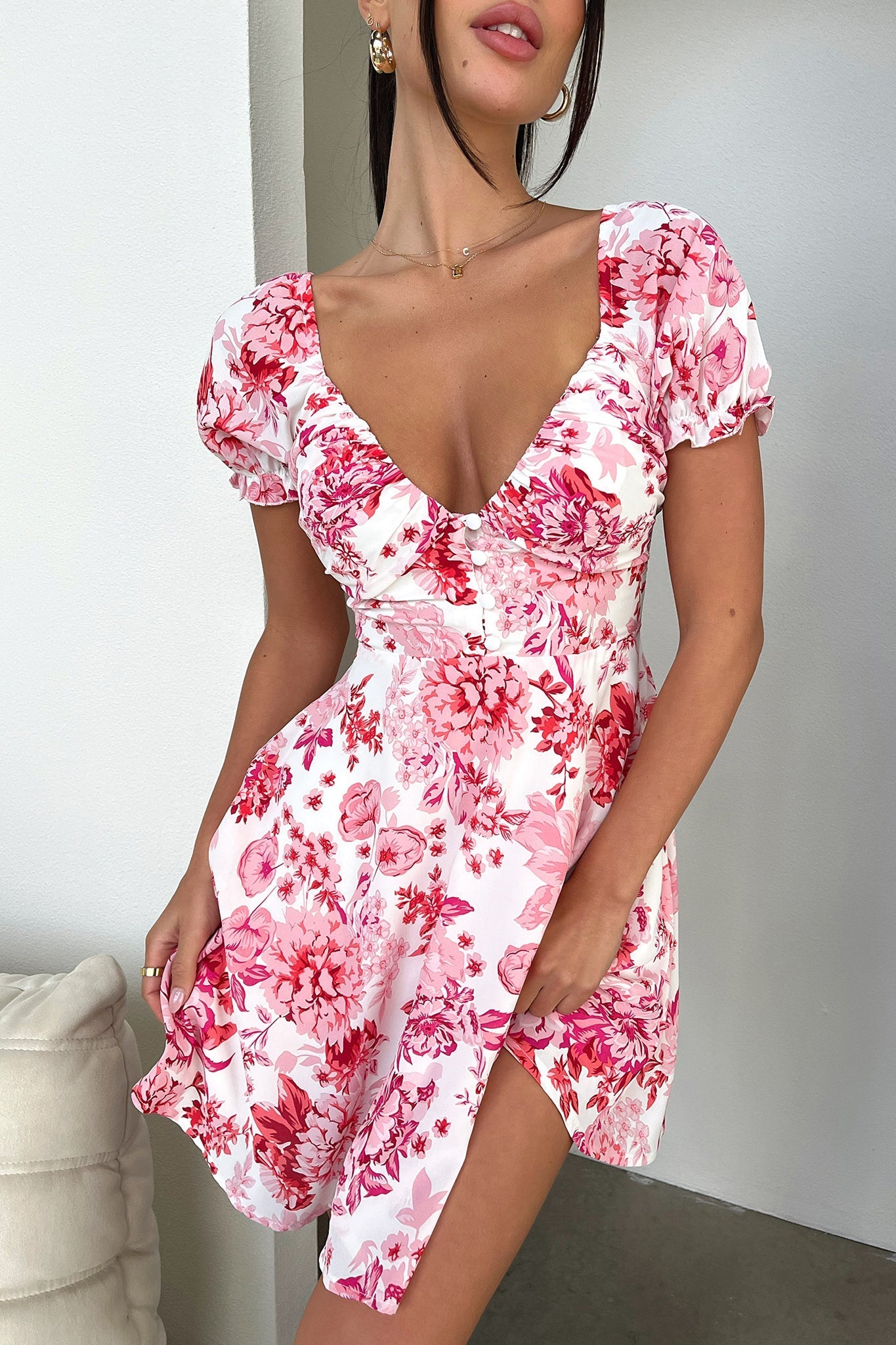 Solem Mini Dress - Pink/Red Floral-Coutiqo