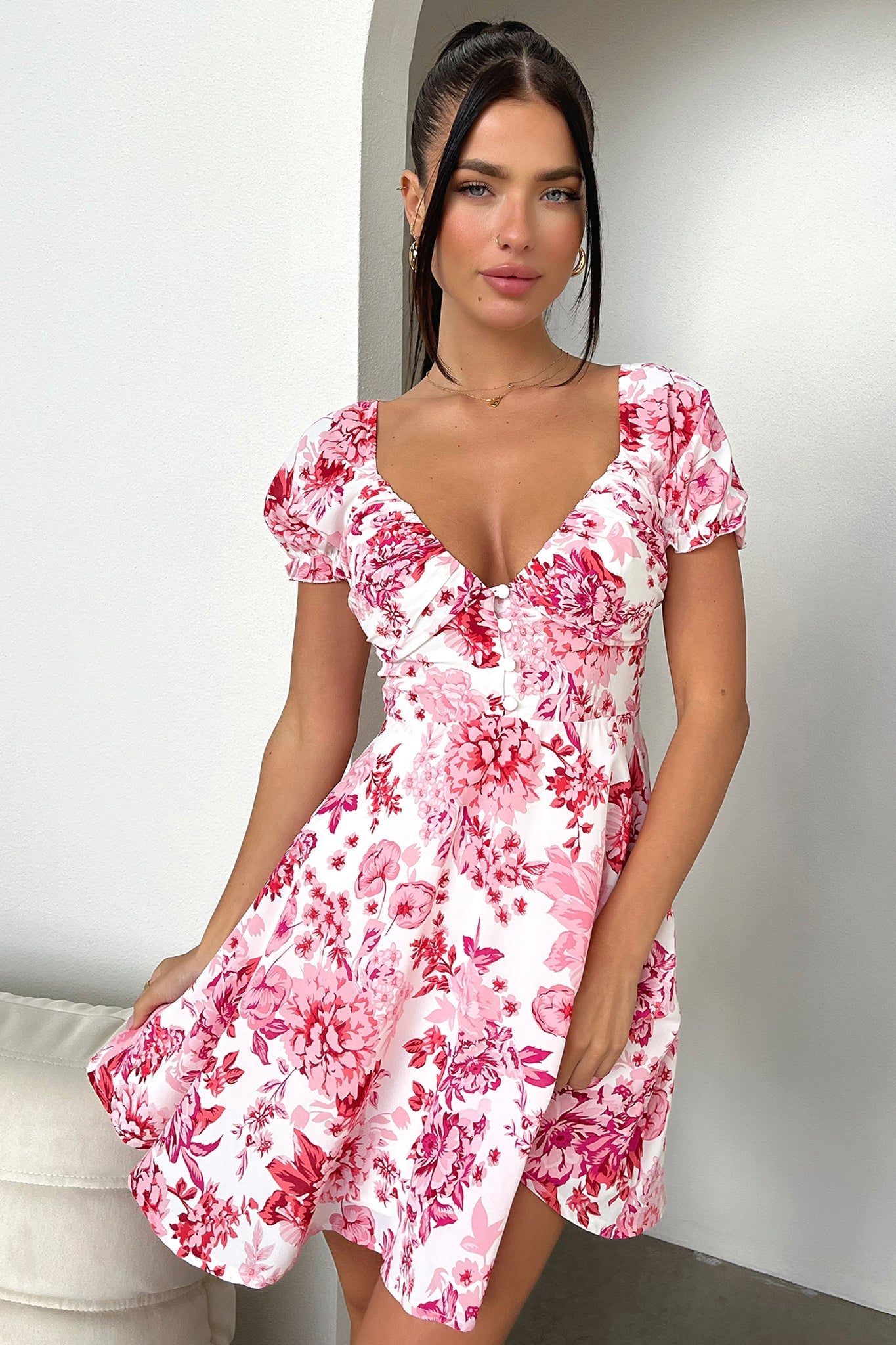 Solem Mini Dress - Pink/Red Floral-Coutiqo