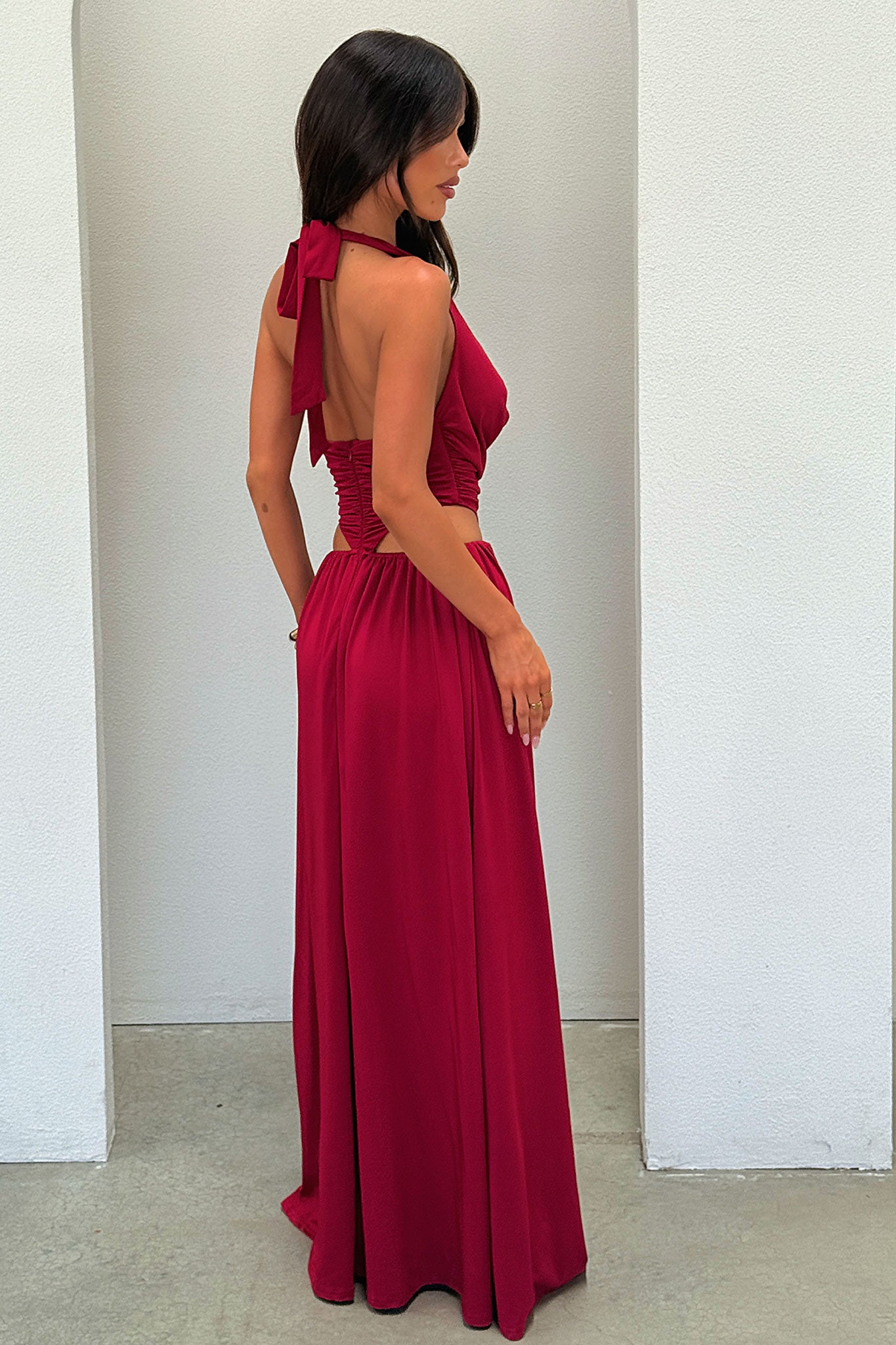 Soraya Plunge Halter Neck Maxi Dress - Burgundy-Coutiqo
