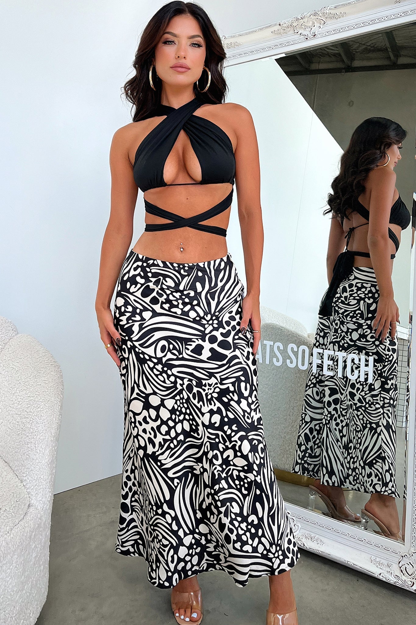 Santorini Maxi Skirt - Black / White Print-Coutiqo