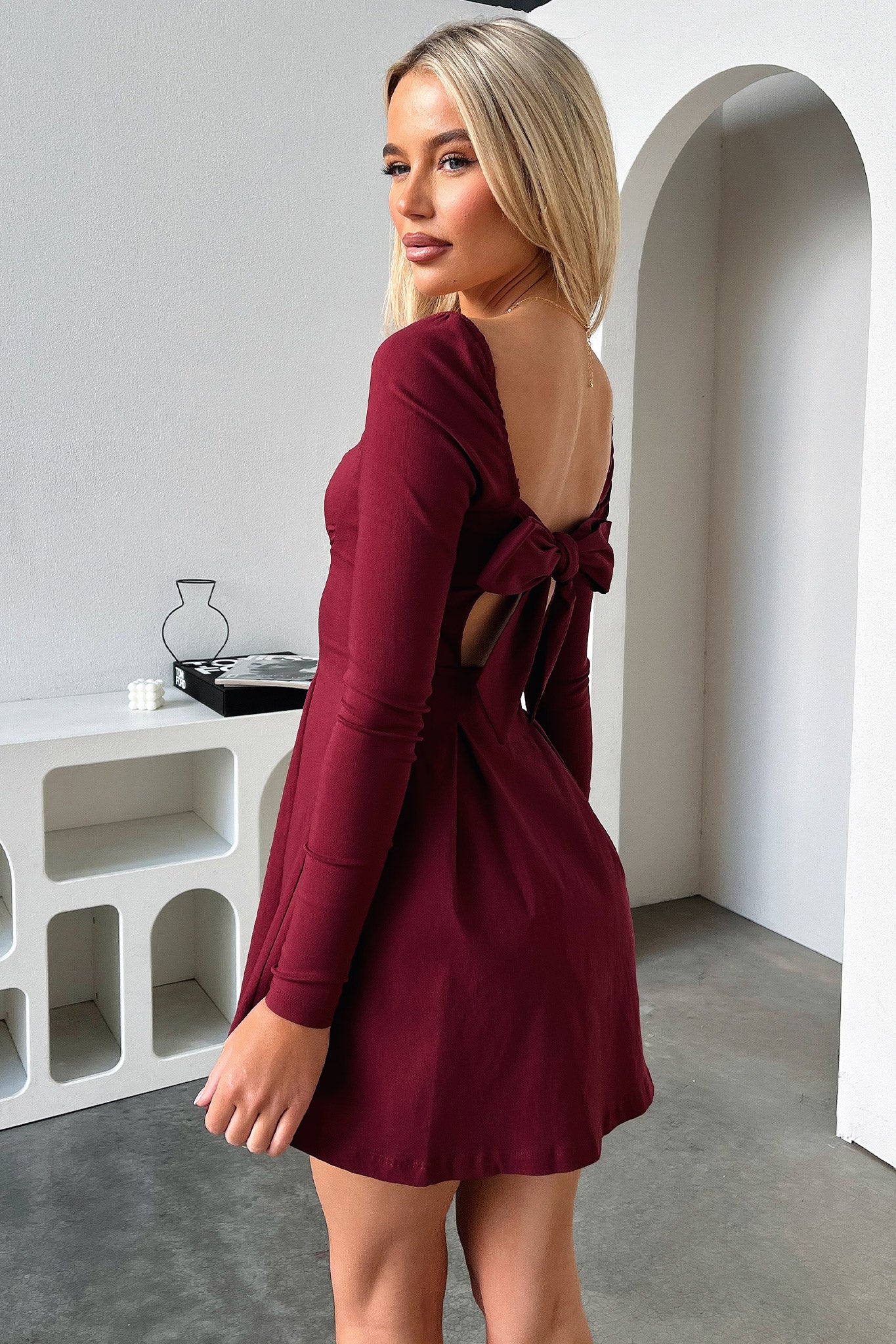 Tabitha Long Sleeve Mini Dress - Burgundy-Coutiqo